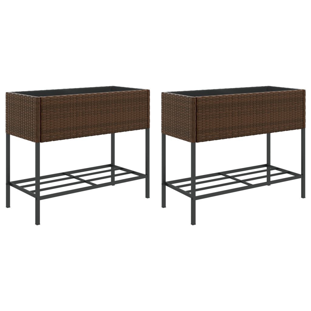 vidaXL Hochbeet Hochbeete mit Ablage 2 Stk. Braun 90x40x75 cm Poly Rattan (2 St)