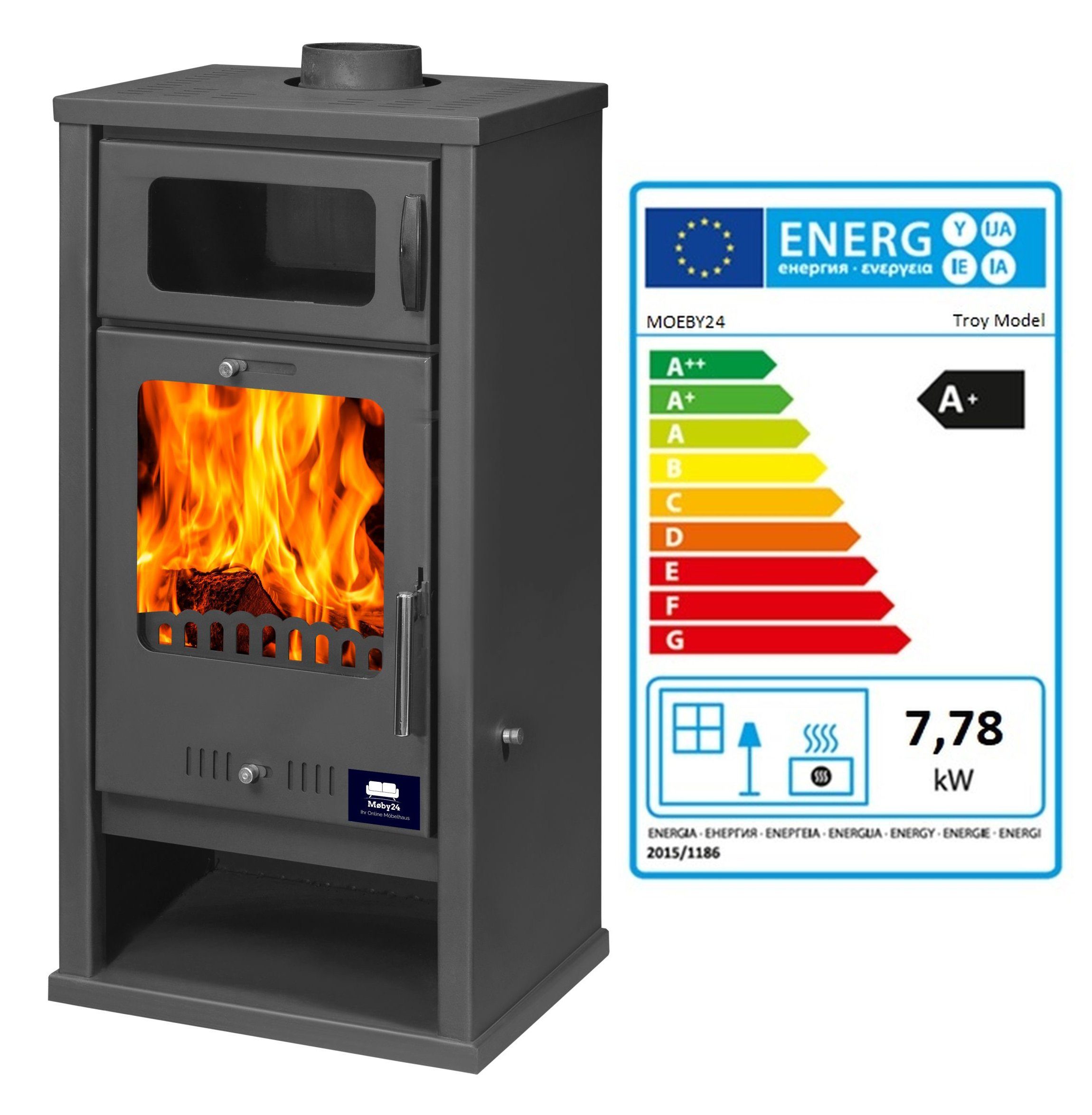 moeby24 Kaminofen »Kamin Ofen Kaminofen Anthrazit 130mm Rauchrohr 7,8 KW Troy BimSchV 12 EEK A+