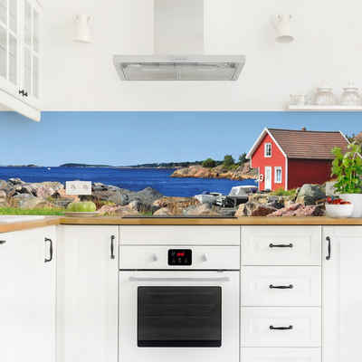 Bilderdepot24 Küchenrückwand bunt dekor Skyline Wandpaneel Küche Urlaub in Norwegen, (1-tlg., Nischenrückwand - für Fliesenspiegel ohne Bohren - matt), Spritzschutz Rückwand Küche Herd - Folie selbstklebend versch. Größen