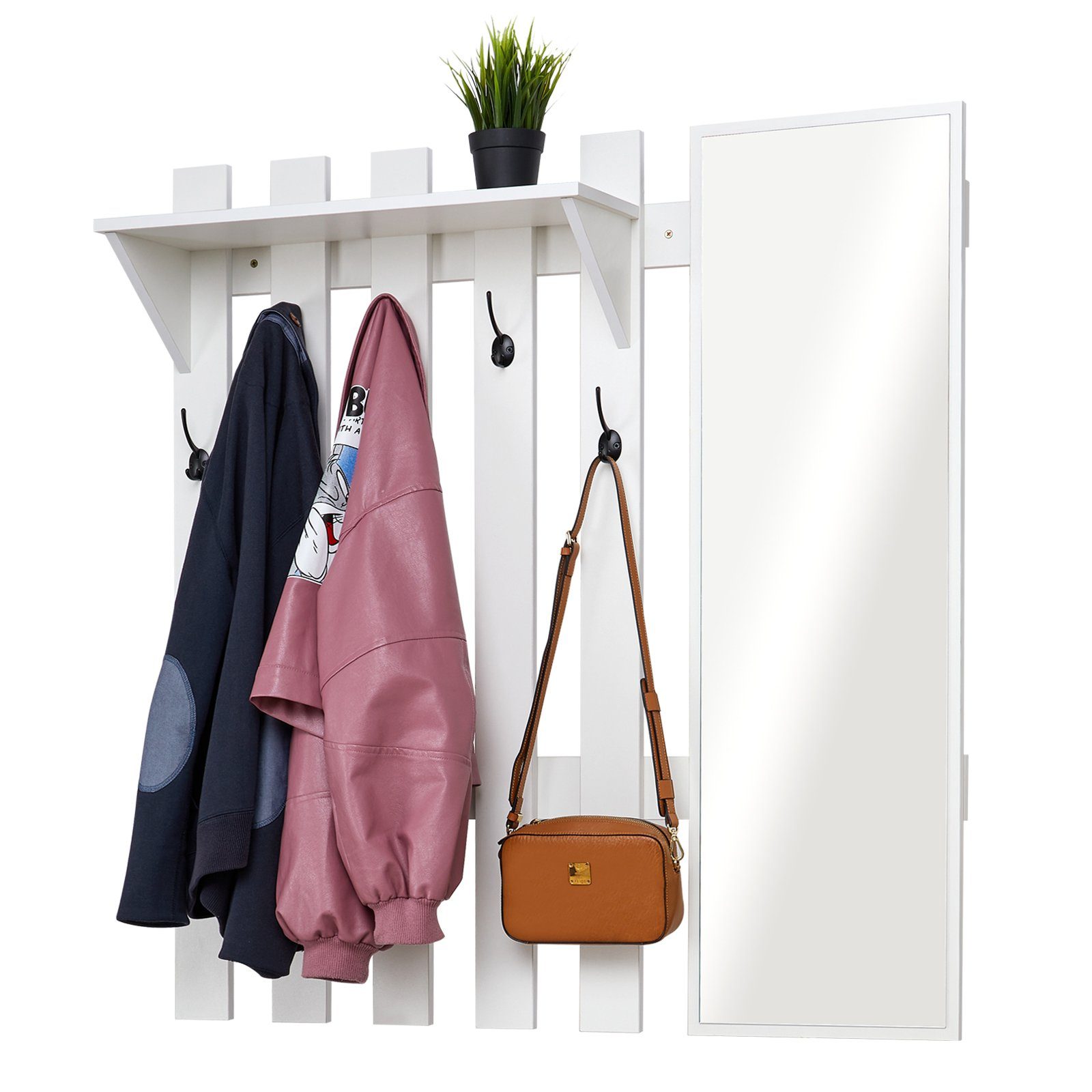 Mondeer Garderobenpaneel Garderobe mit Spiegel, Wandhalter mit 5 Häkchen, 100 x 106 x 22 cm – Bild 3 von 5