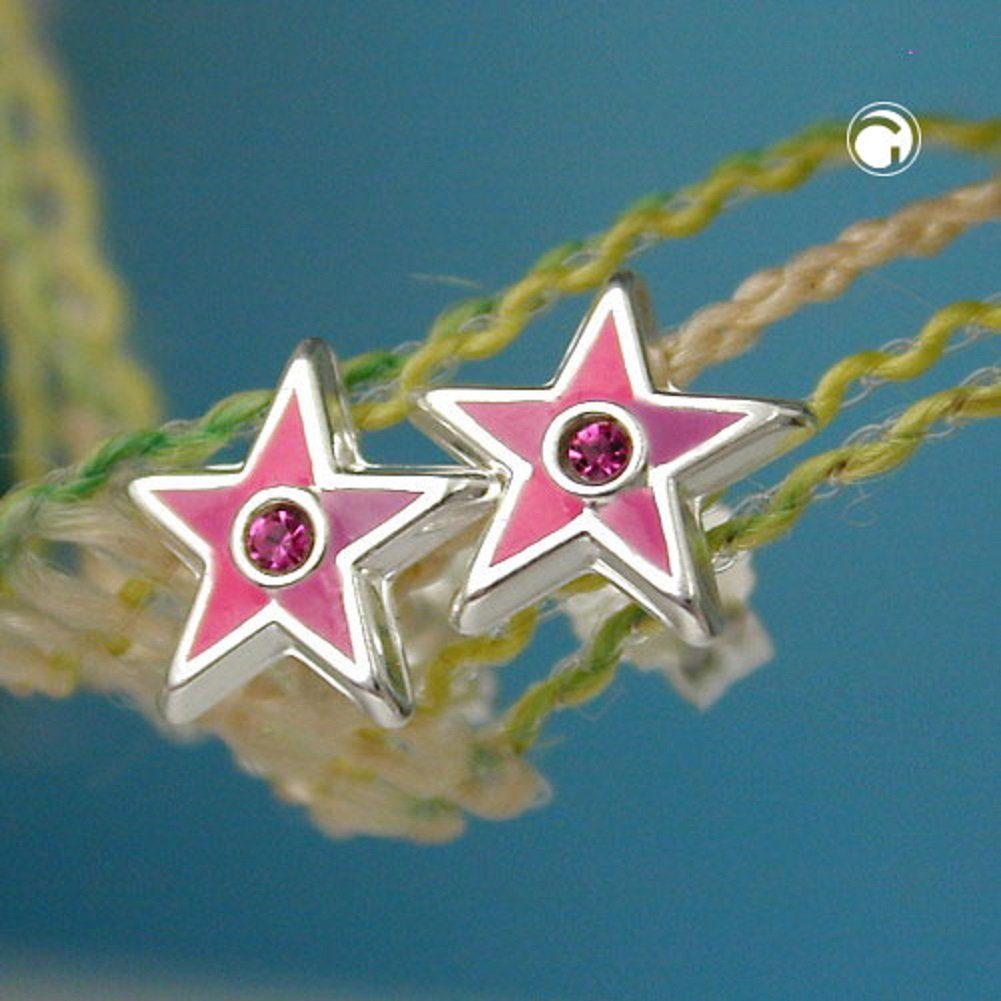 unbespielt Paar Ohrstecker Kinderohrringe 925 lackiert Ohrringe Stecker 8 rosa Silberschmuck pink mm Schmuckbox, Kinder für Glasstein mit Silber Stern inklusive