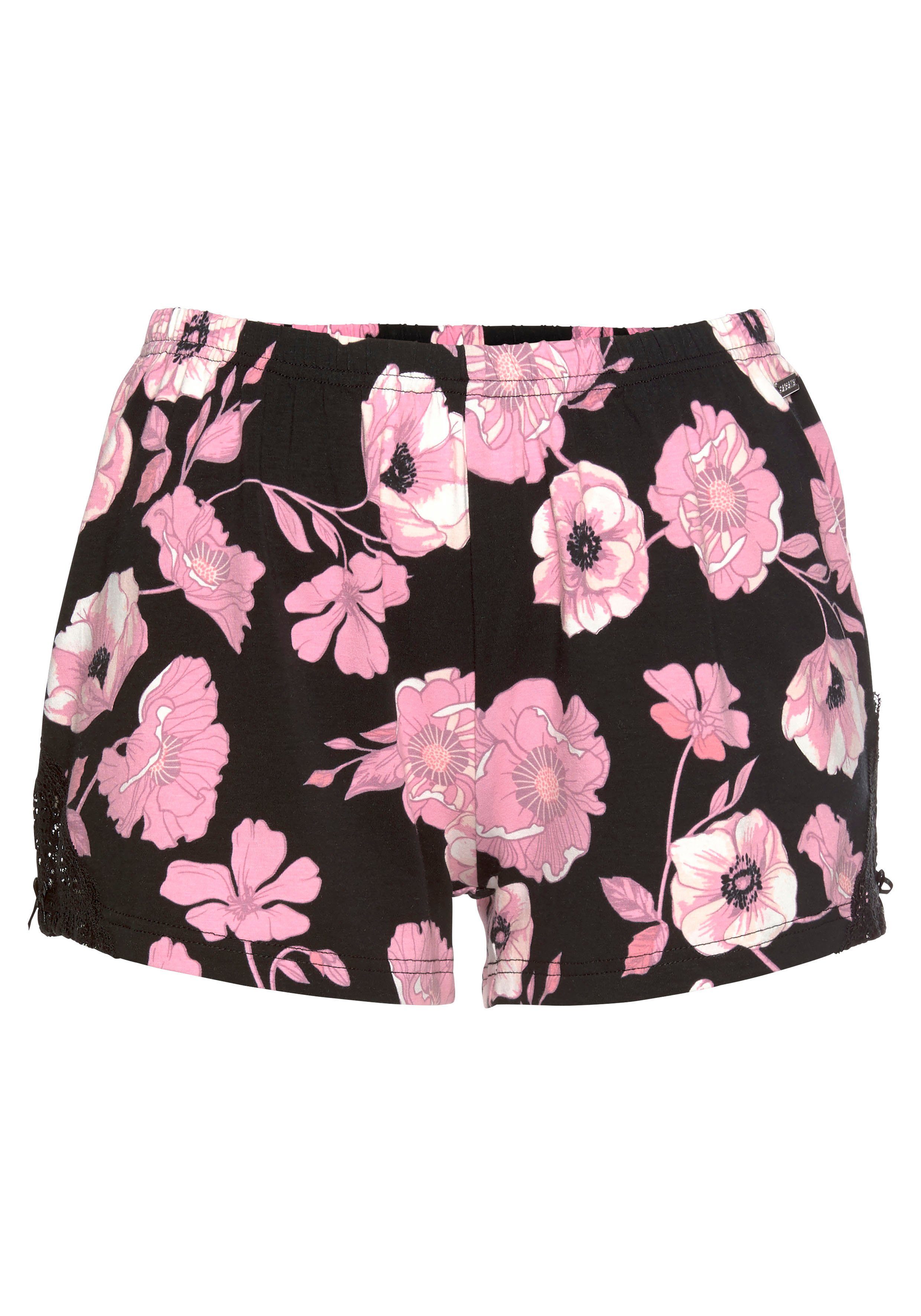 LASCANA Shorts mit Spitzeneinsätzen rosa-schwarz-geblümt-gemustert