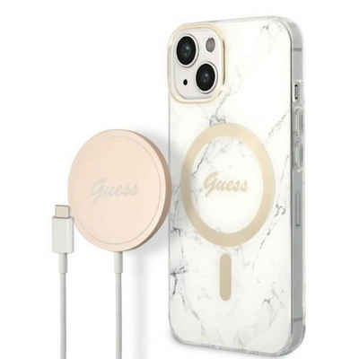 Guess Handyhülle GUESS Schutzhülle für Apple iPhone 14 Plus Hard Case Marble MagSafe Weiß