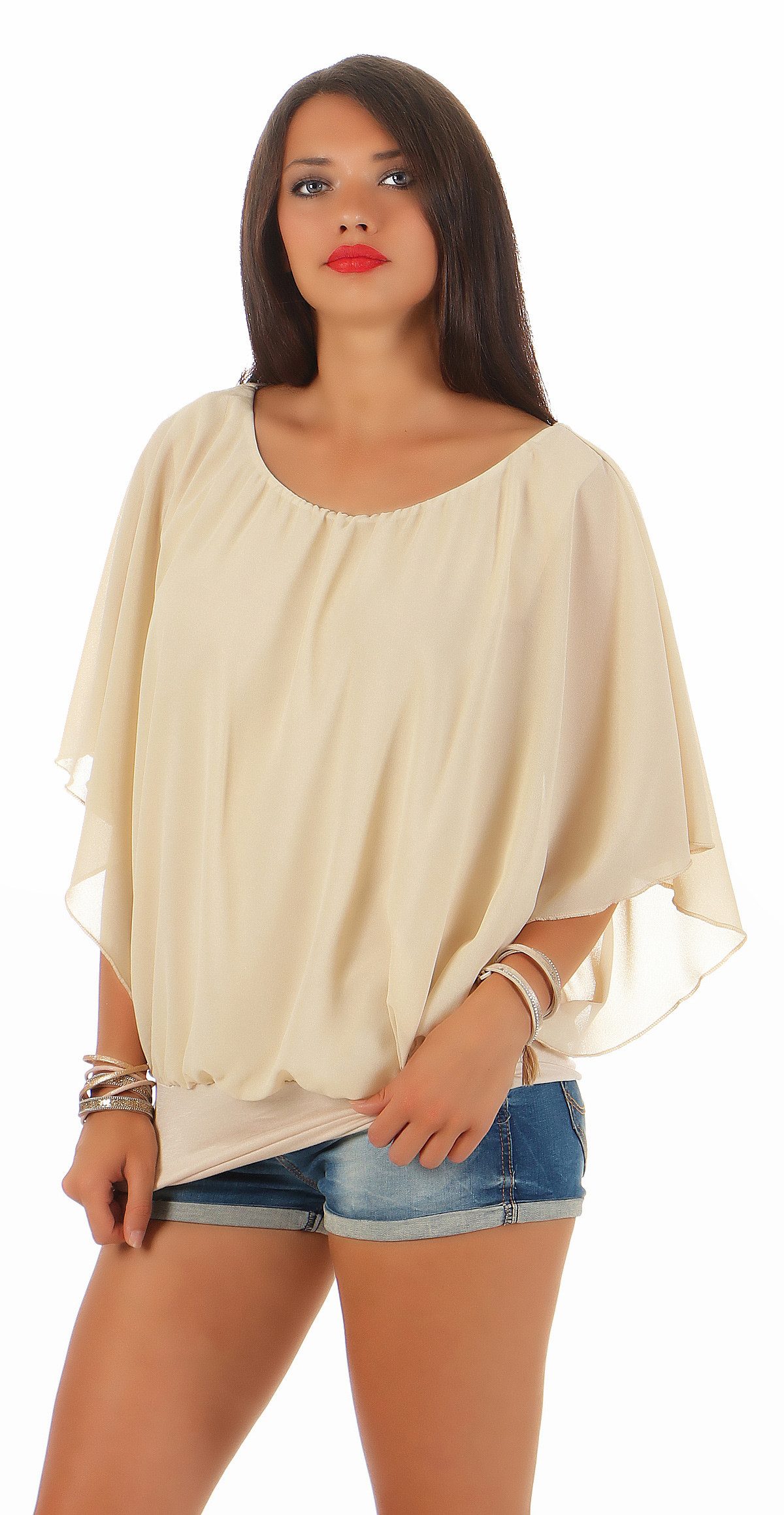CLEO STYLE Schlupfbluse Damen Chiffon Bluse CL 2400 Beige One Size (36-40) günstig online kaufen