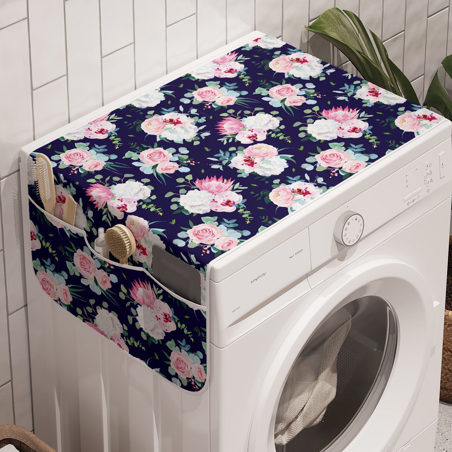 Abakuhaus Badorganizer Anti-Rutsch-Stoffabdeckung für Waschmaschine und Trockner, Vintage Rose Zarte Blumenstrauß