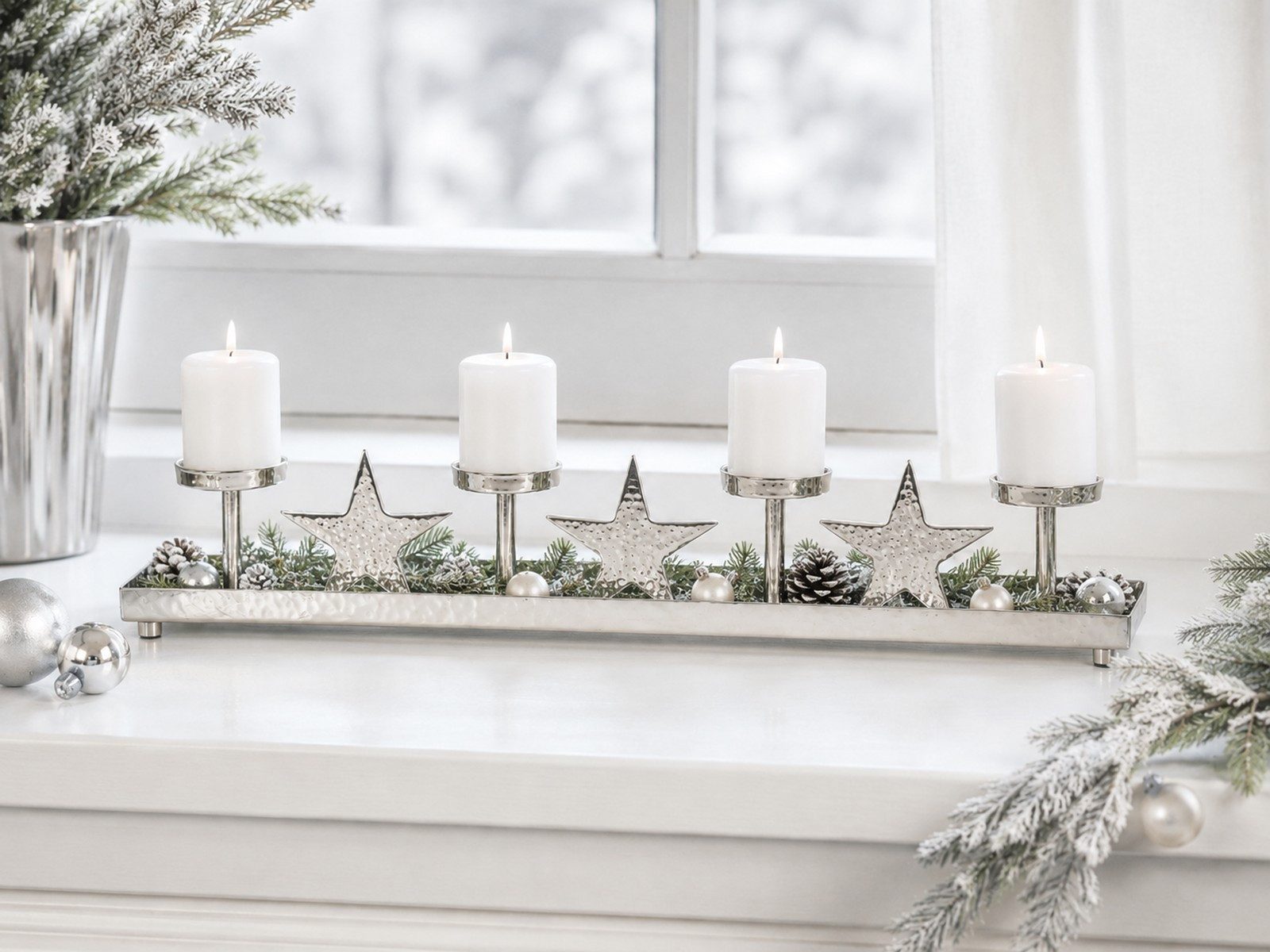 RIFFELMACHER & WEINBERGER Adventsleuchter Silberner Adventskerzenhalter mit Sternen 70x11x12