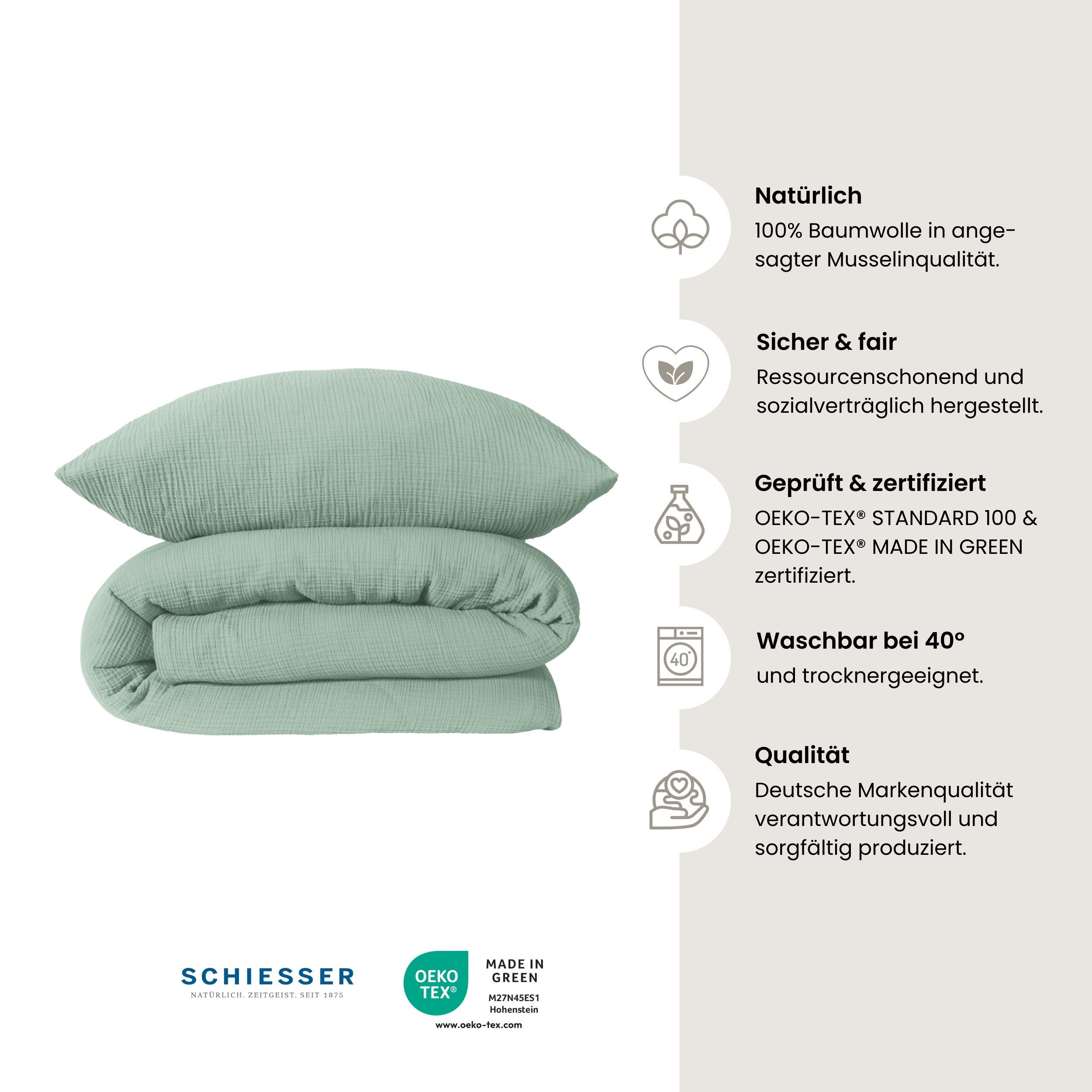 Schiesser Bettwäsche Molly aus supersofter Musselin-Qualität in gedeckten Farben, Musselin, 2 teilig, Made in Green