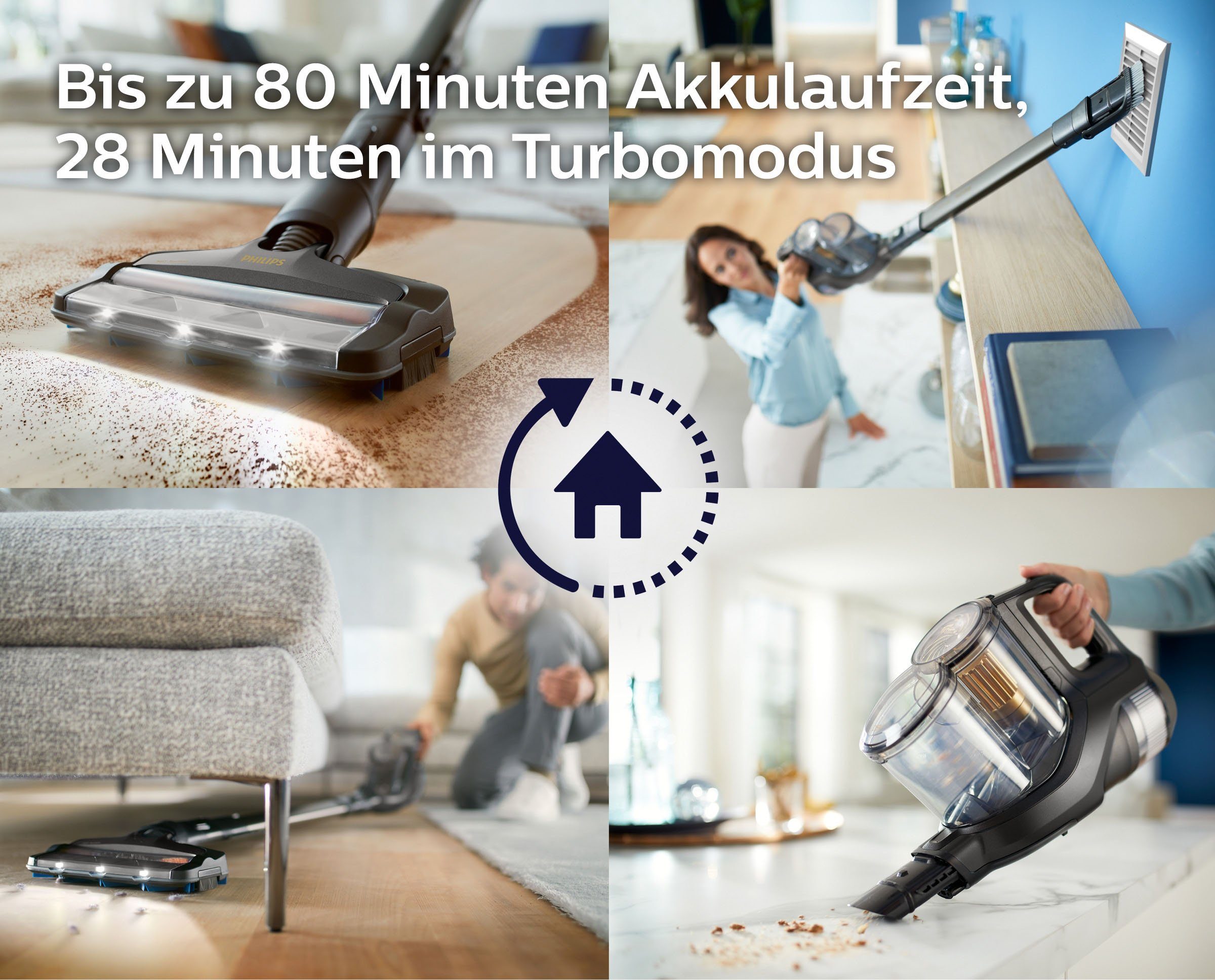 Philips Nass-Trocken-Akkusauger XC8347/01 SpeedPro Max Wischfunktion 80 Aqua Minuten 360°-Saugdüse und mit Plus, beutellos, Laufzeit