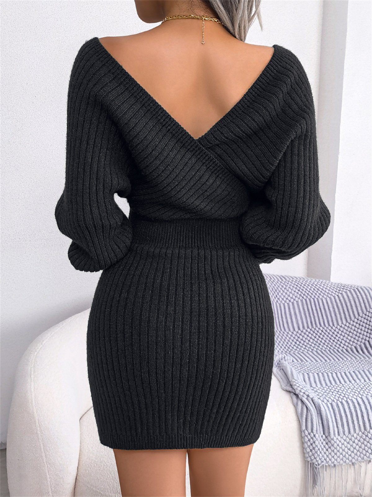carefully selected Strickkleid Sexy Damen-Tunika-Pulloverkleid V-Ausschnitt mit Jersey und schwarz