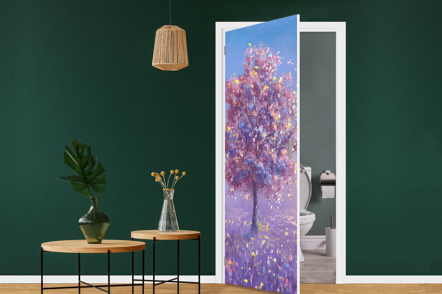 Türaufkleber, MuchoWow bedruckt, cm Tür, Baum Rosa, für - Sommer 75x205 Fototapete - Matt, Türtapete St), (1