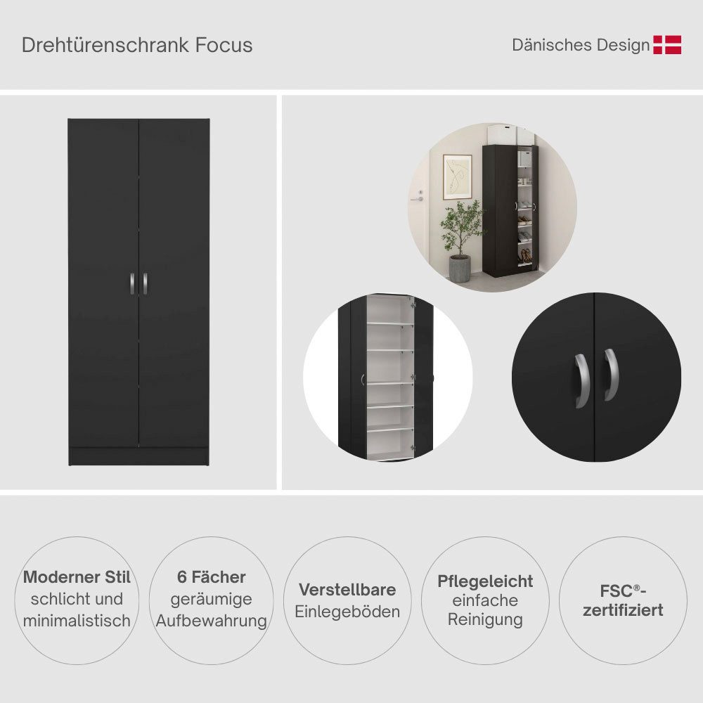 Home affaire Drehtürenschrank Focus, Kleiderschrank, Stauraum mit 2 Türen und 5 Einlegeböden, Breite 69 cm, Höhe 170 cm