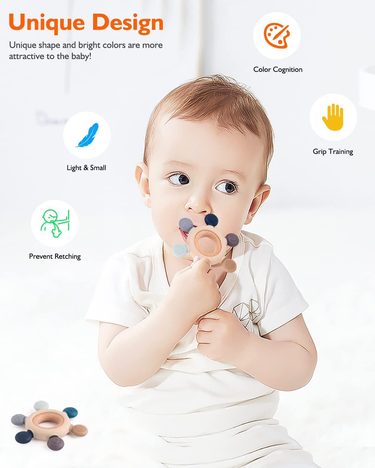ALARA TOYS Beißring Babys Zahnungshilfe Zahnen Spielzeug Baby BPA-frei, Holz & Silikon, ab 3 Monaten, Kleinkinder