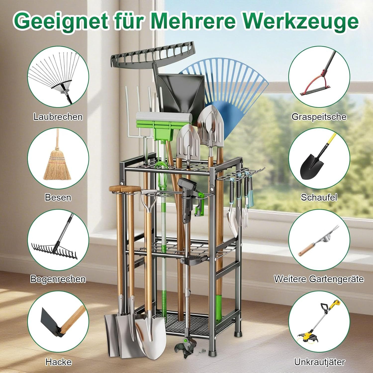 Toomoke Gartengerätehalter Gartenwerkzeug-Organizer, Werkzeugständer, (Geräteständer mit Haken, Aufbewahrungsregal für Garage & Garten, 3-Ebenen-System mit vers – Bild 4 von 5