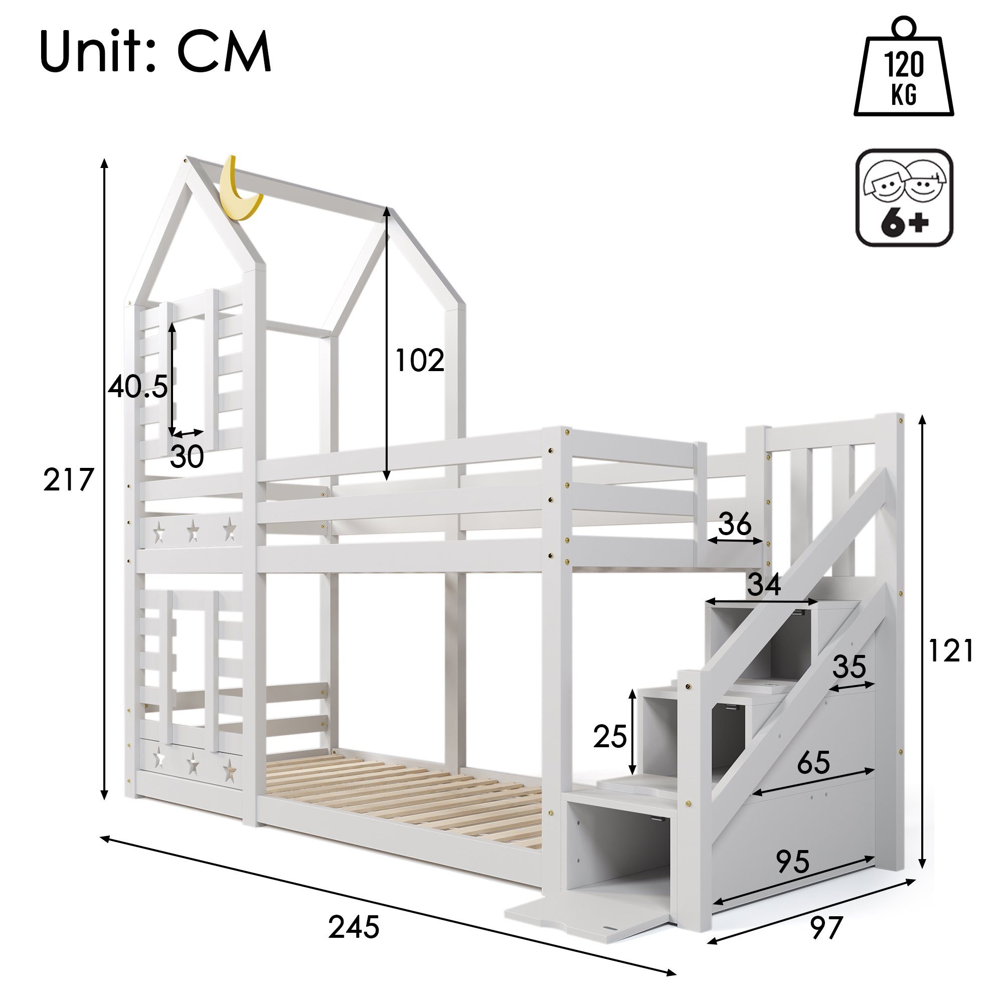 Etagenbett (Hausbett mit Lattenrost), Kinderbett mit Treppe Schubladen und Rausfallschutz 90x200cm
