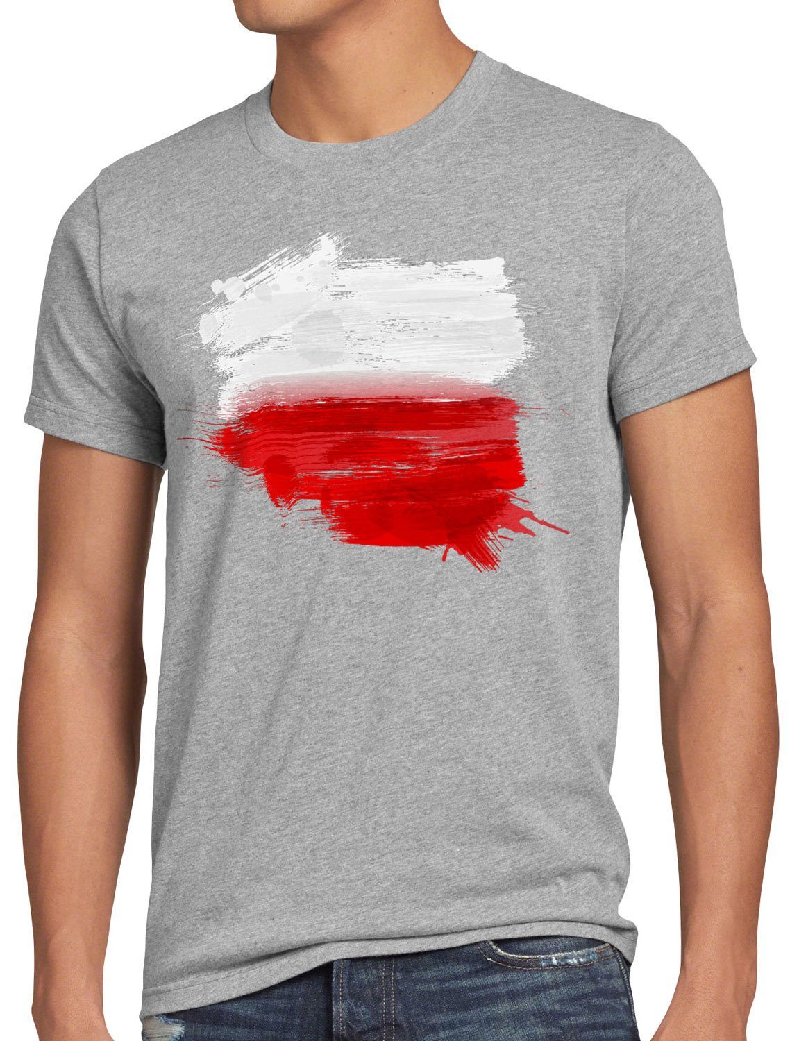 100% authentisch! style3 Print-Shirt Herren WM grau Flagge meliert EM Sport Polen Fußball T-Shirt Polska Fahne
