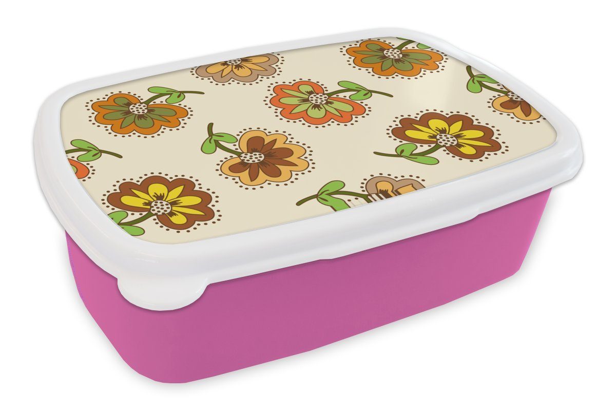 MuchoWow Lunchbox Design - Blumen - Retro - Vintage, Kunststoff, (2-tlg), Brotbox für Erwachsene, Brotdose Kinder, Snackbox, Mädchen, Kunststoff rosa