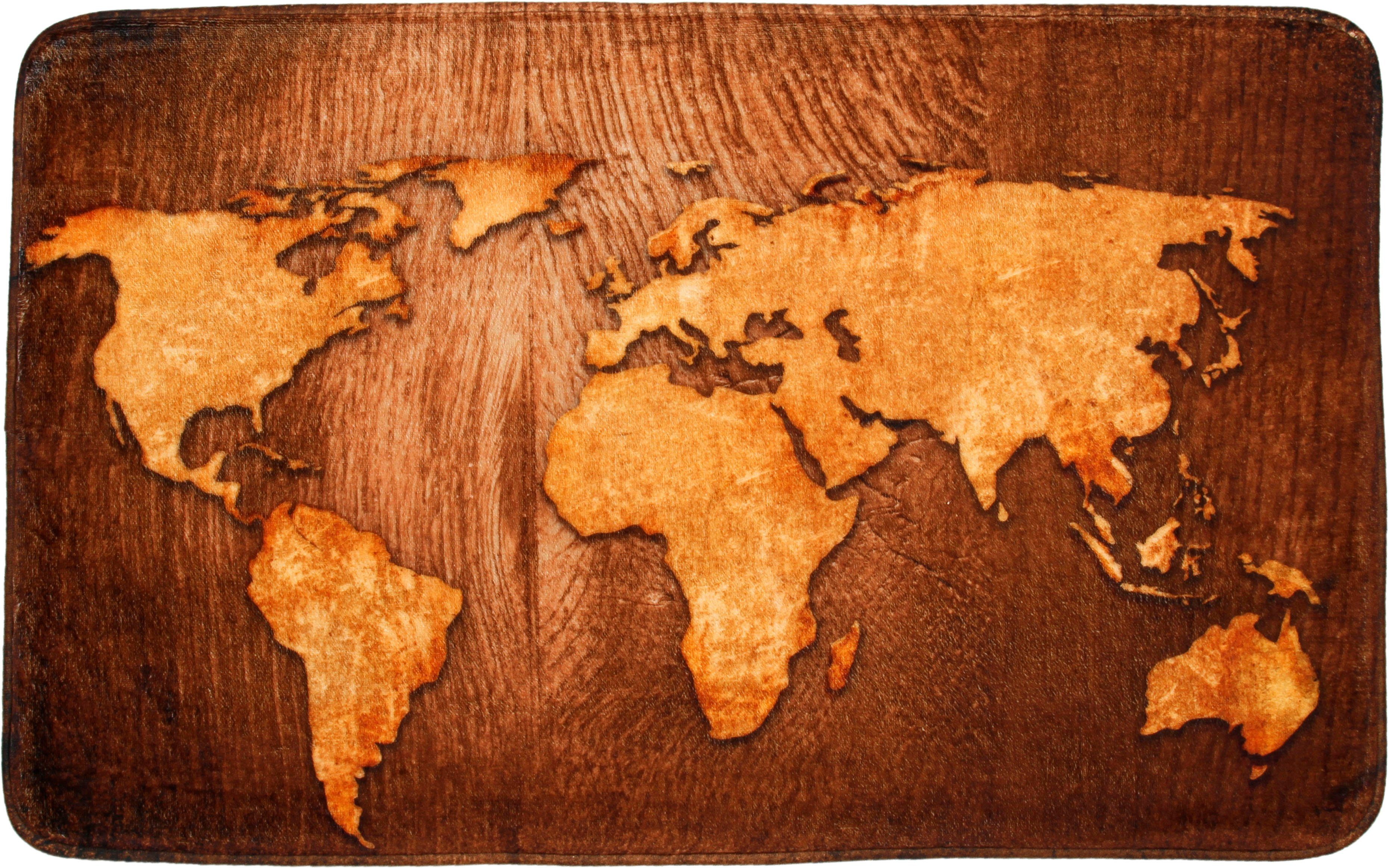 Sanilo Badematte World Map, Höhe 15 mm, schnell trocknend, Polyester, rechteckig, Memory Schaum