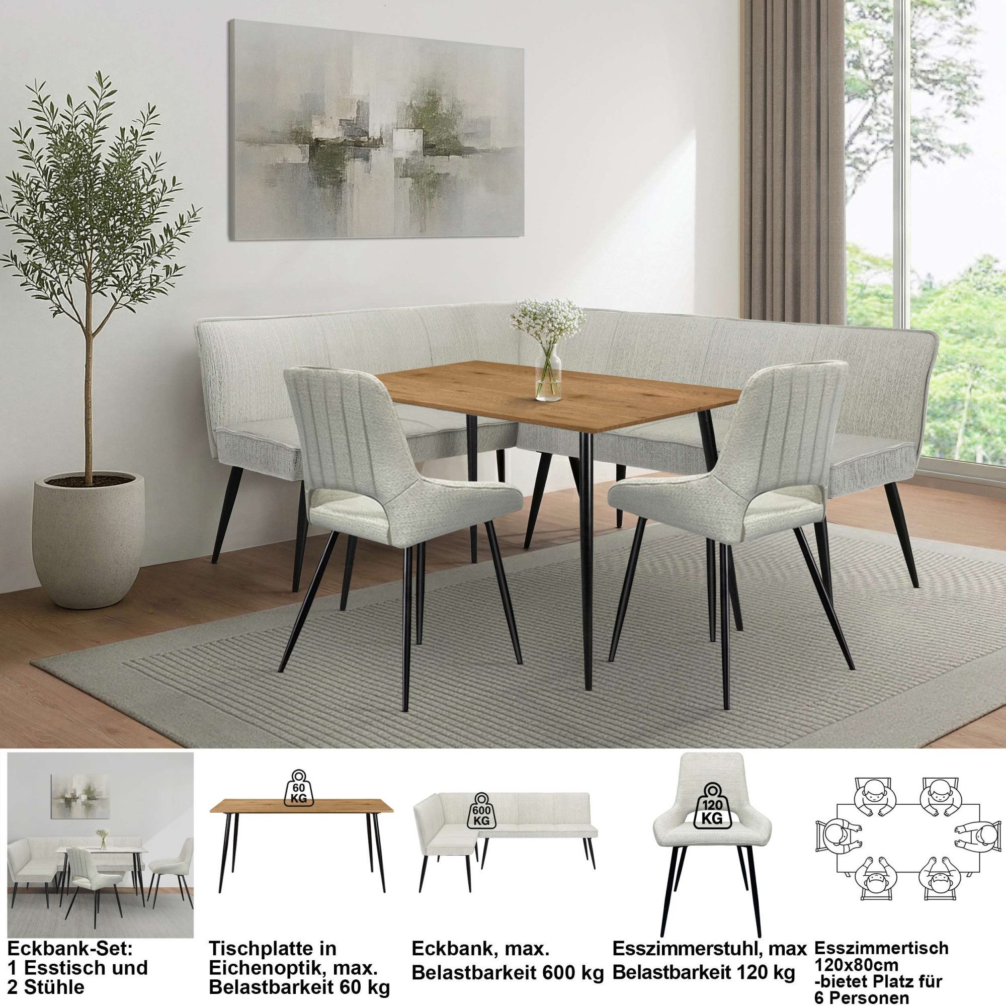 OTTO home Eckbankgruppe Danny/Ianna/Derrek, (Set, 4-tlg., Eckbankgruppe mit Tisch, Eckbank, Stühle), Sitzgruppe, Eckbank und Stühle bequem gepolstert, Tisch 120x80 cm