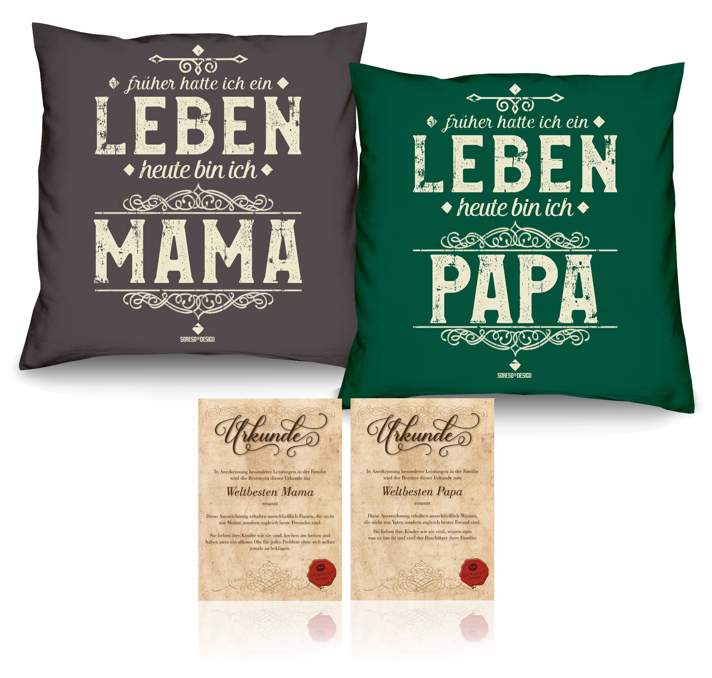 Soreso® Dekokissen Mama Geschenke Papa ich bin Geschenk Mitbringsel ich Heute & Heute Kissen-Set Urkunden, Papa bin dunkelgrün Mama mit