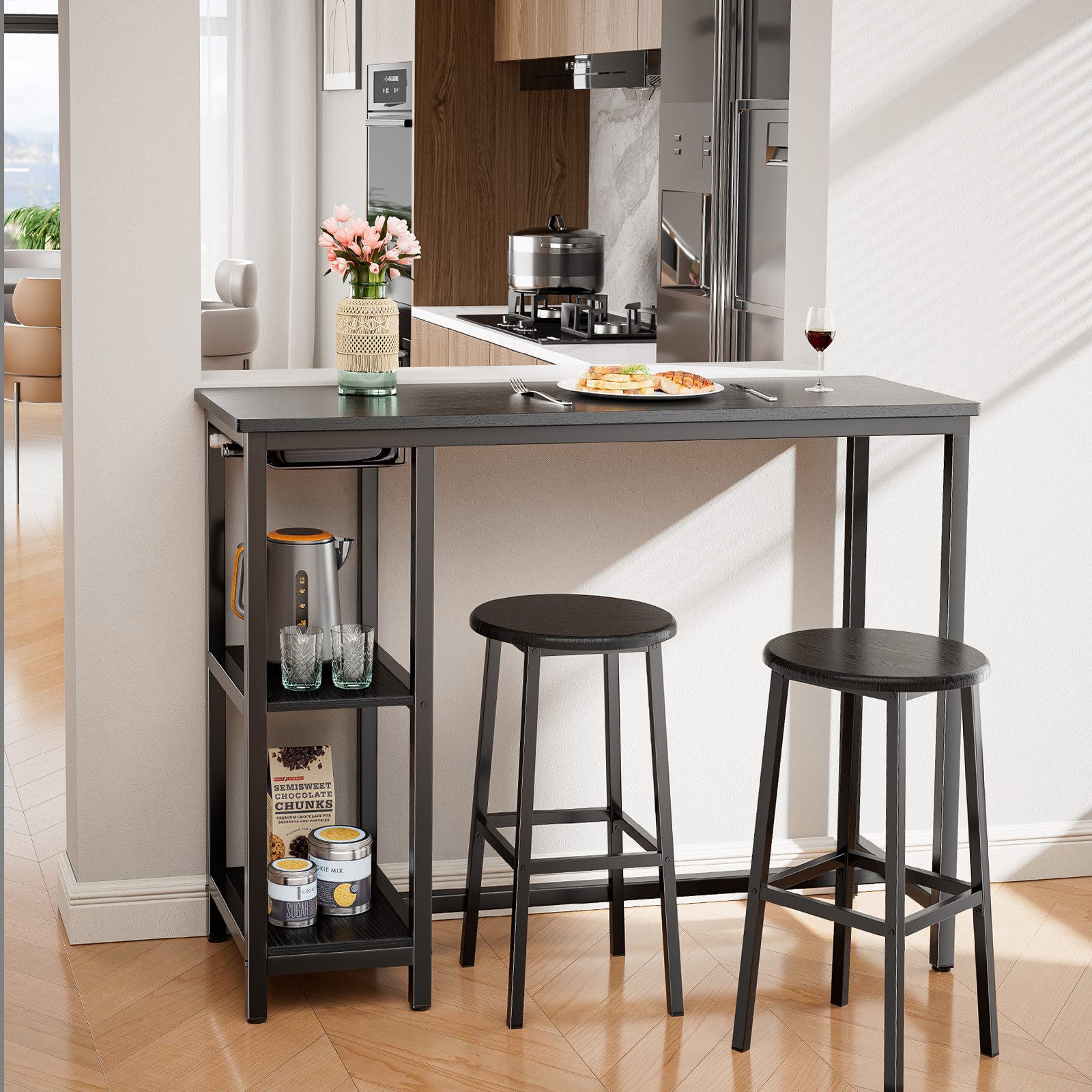 Bealife Bartisch Set, 3-tlg,Stehtisch mit 2 Barhockern,Küchentisch-Set mit Ablage Regal