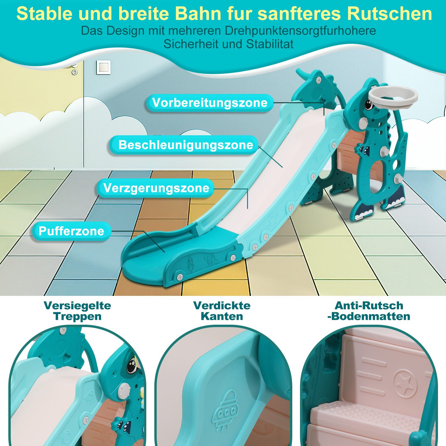 Clanmacy Rutsche 4-in-1 Kinderrutsche mit Basketballkorb Wurfring Englisch-Lerngerät