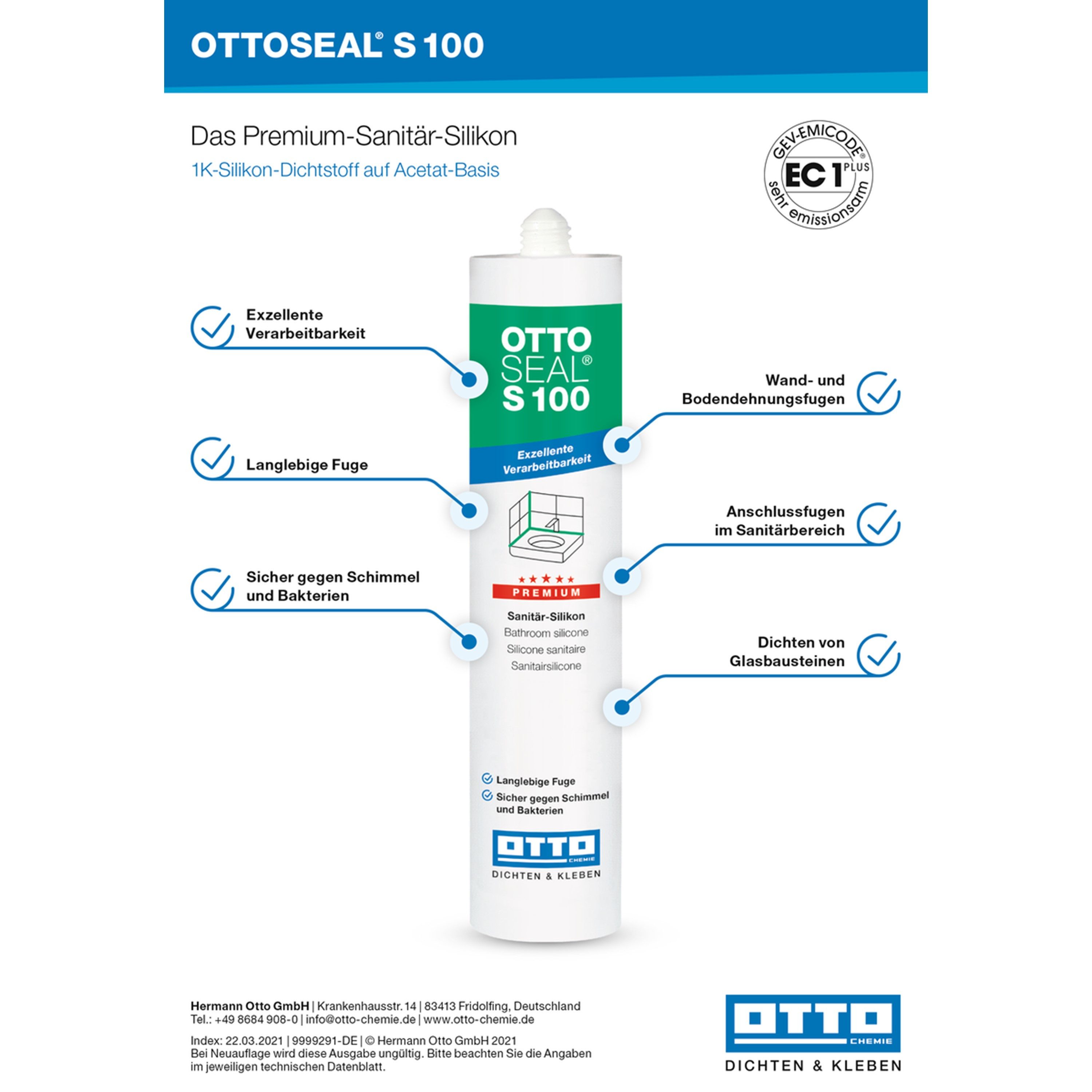 OTTO-Chemie Silikon OTTO-Chemie S100 Silikon Premium Sanitär 1K-Dichtstoff Ottoseal, gebrauchsfertig, (2-tlg)