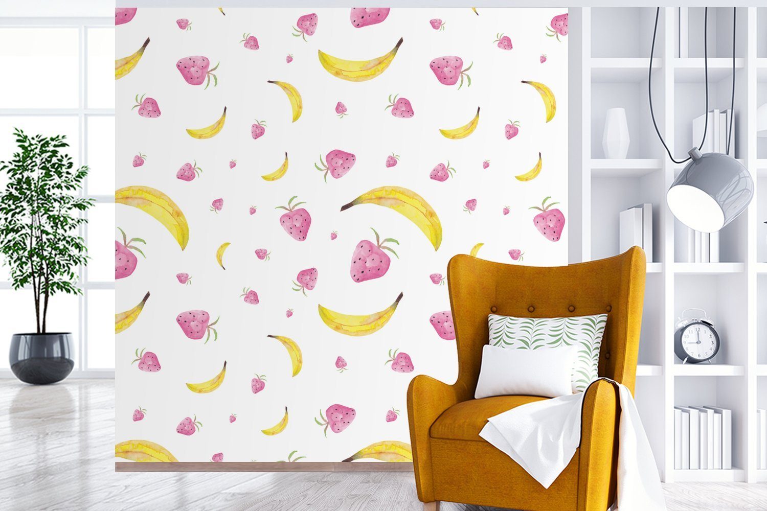(5 Vinyl Matt, St), Design, Wohnzimmer Weiß Schlafzimmer, - - bedruckt, Fototapete Erdbeere für Banane MuchoWow Wandtapete Tapete oder -