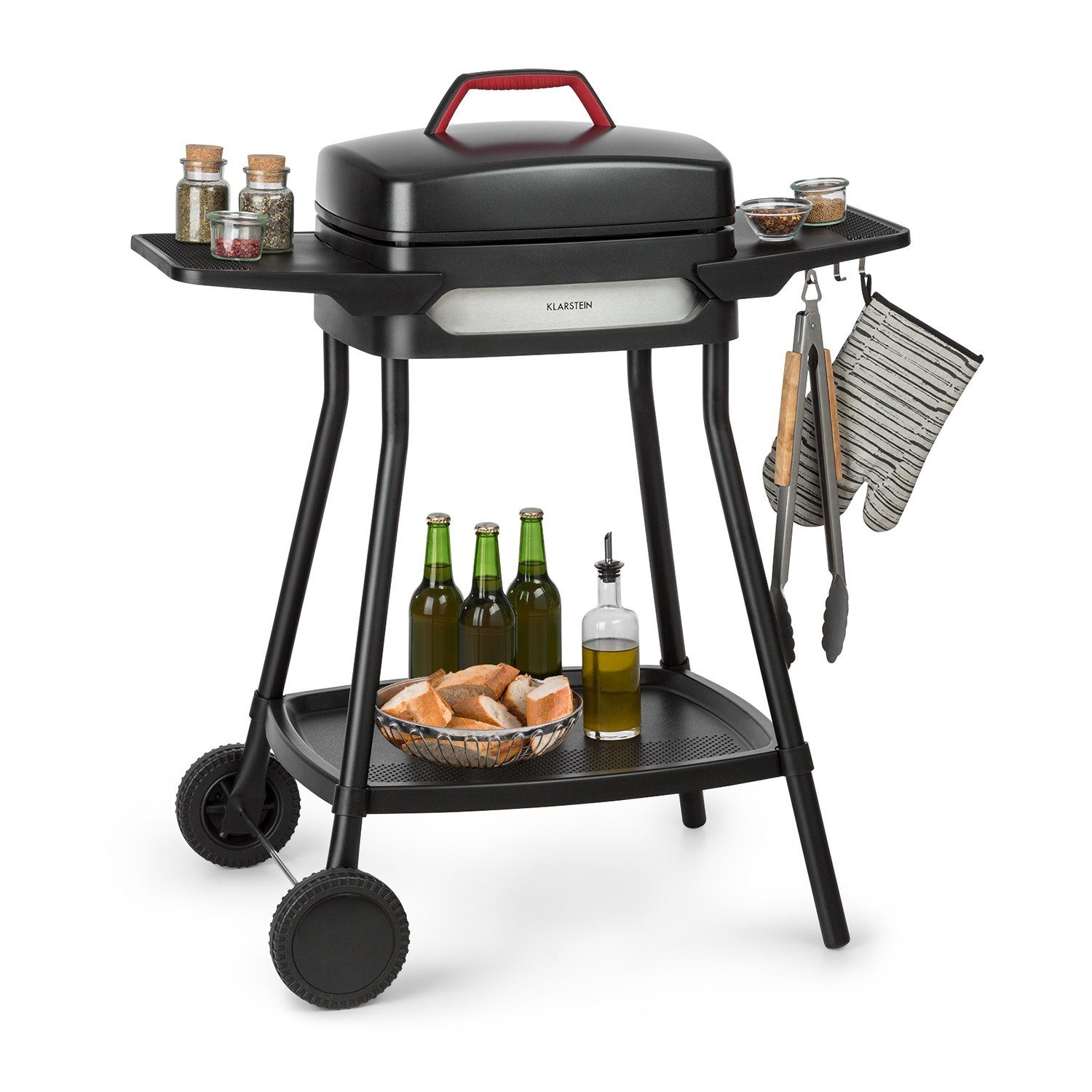 Klarstein Kontaktgrill Gatsby Elektrogrill 2000W Antihaft-Grillplatte mit Seitentischen, 2000 W, große Seitentische, Grillplatte mit Antihaft-Beschichtung
