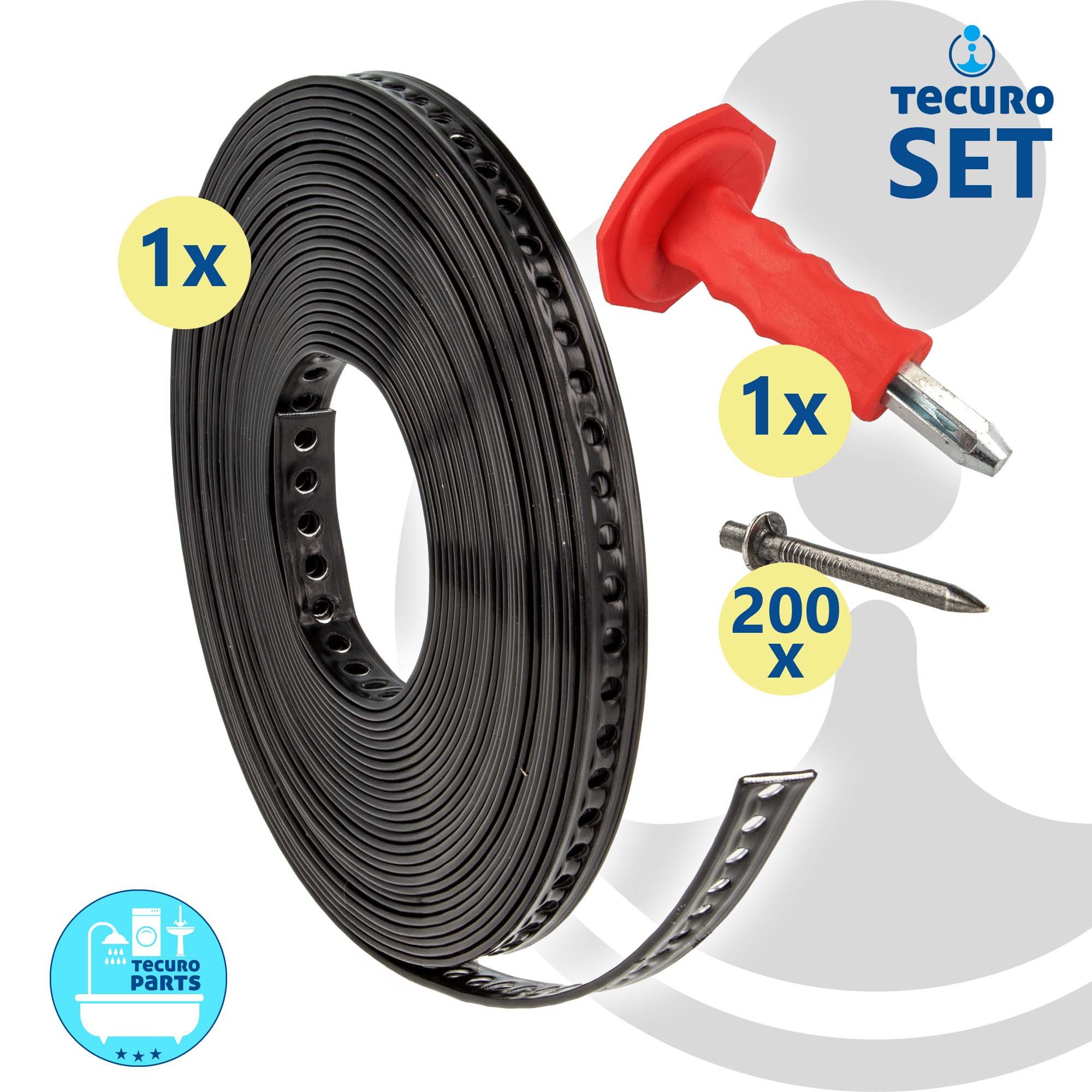 tecuro Lochband Lochband 14 mm x 10 m Rolle Stahl - Kunststoff ummantelt mit Zubehör (Mit Einschlagdübeln Ø 4x18 mm (200 Stück);inkl. Setzeisen)