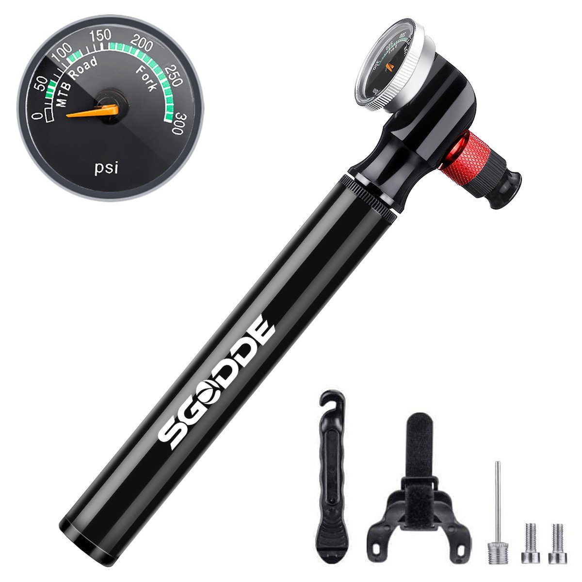 SGODDE Fahrradpumpe, 300PSI tragbare Luftpumpe Aluminium mit Manometer, Ventiladapter