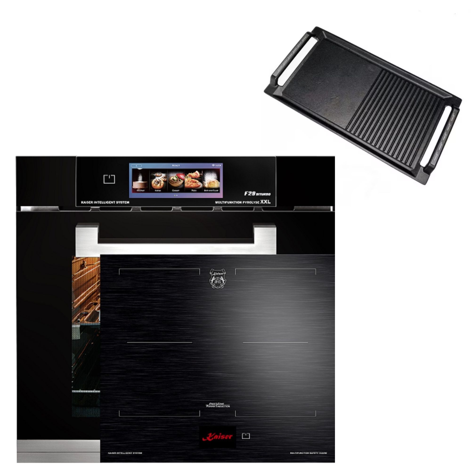 Kaiser Küchengeräte Backofen-Set Herd Set Autark Einbaubackofen Schwarzes Glas,86L,60 cm, Air fryer,TFT,Bratautomatik mit Induktionskochfeld 60 cm FREE ZONE mit 2 FLEX Induktions-Zonen TFT Display EH 6344 N+KCT 6140 FI+Grillplatte, mit 1-fach-Teleskopauszug