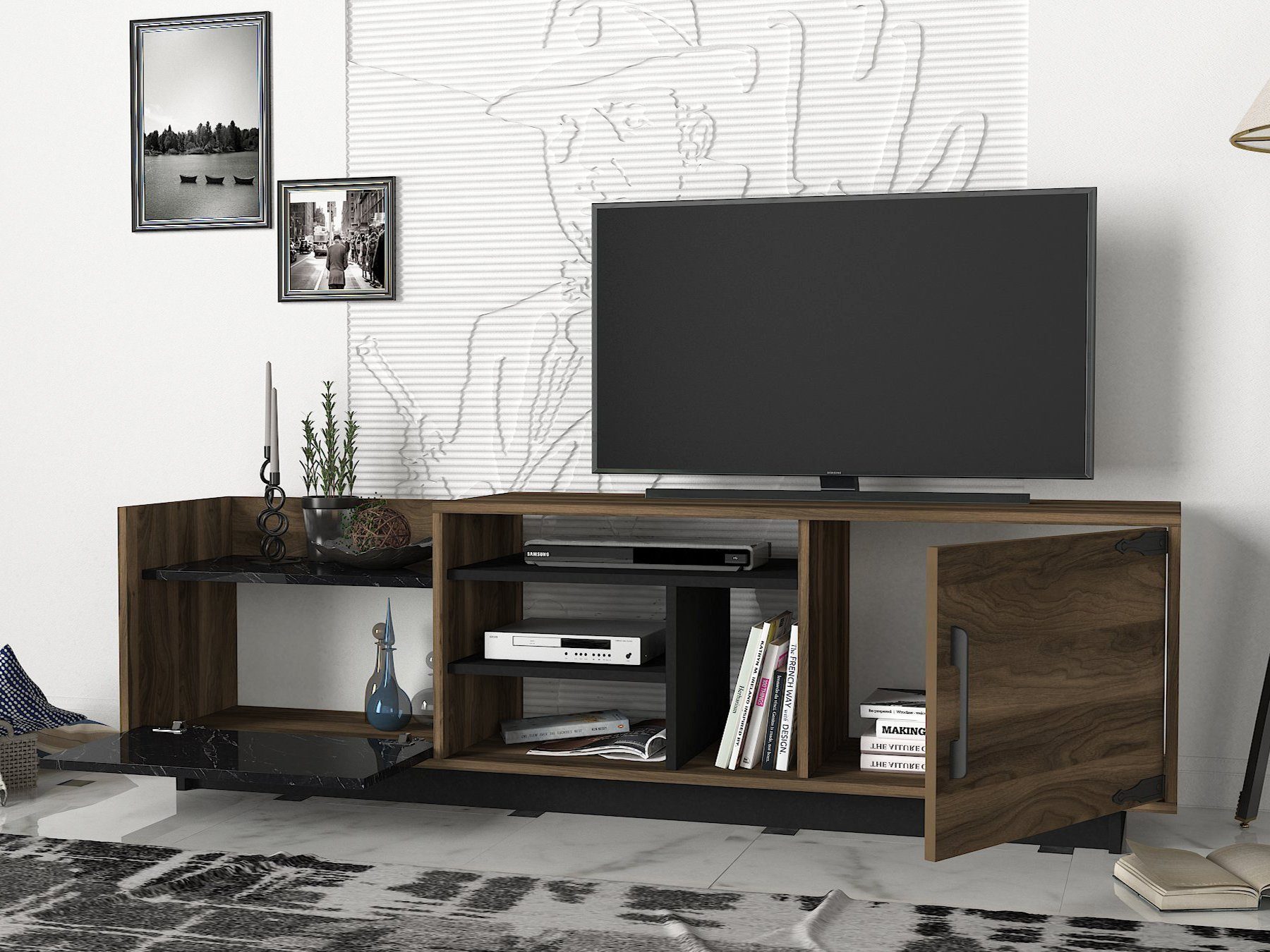 moebel17 Wohnwand Wohnwand Siento Walnuss (Marmor Optik)