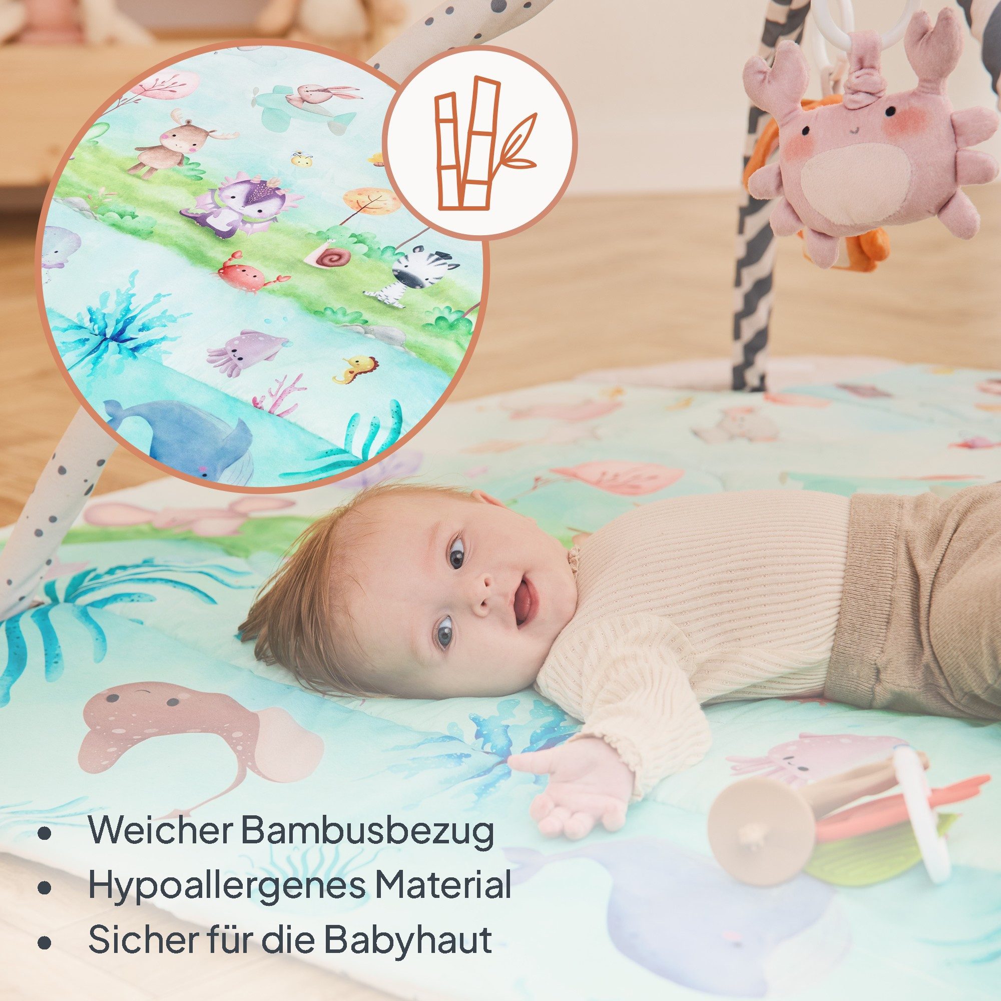 lionelo Spielmatte ANIKA NATURAL (Set, Spieldecke/8 Spielzeuge/Tummy-Time-Kissen/2 Beißringe), Bambusbezug/8Spielzeuge/aufklappbar/waschbar/0+
