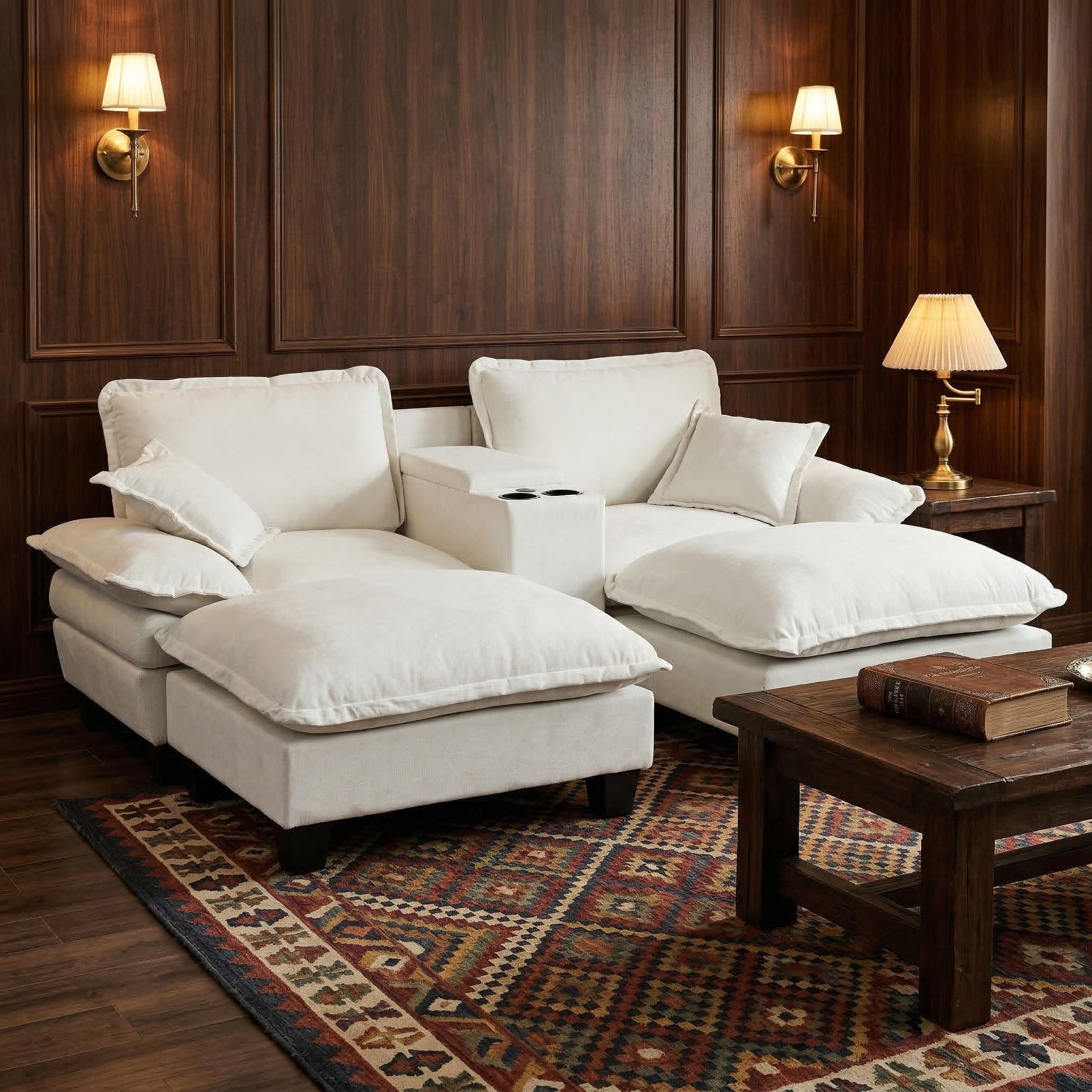 Odikalo Ecksofa Loungesofa Gartensofa sofas wohnzimmer 2-Sitzer mit Schlaffunktion, Modulare Cloud-Couch, Segelboot-Sofa mit Getränkehaltern & Stauraum, USB-Anschluss, 2 Ottomanen & 2 Kissen, Chenille-Bezug für Apartments & Wohnzimmer, Beige