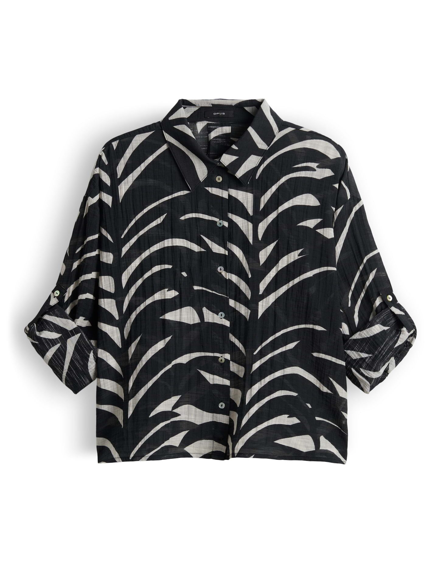 OPUS Langarmbluse FADENA LEAVES mit Crinkle-Print Perlmuttknöpfe setzen einen klaren Casual-Akzent