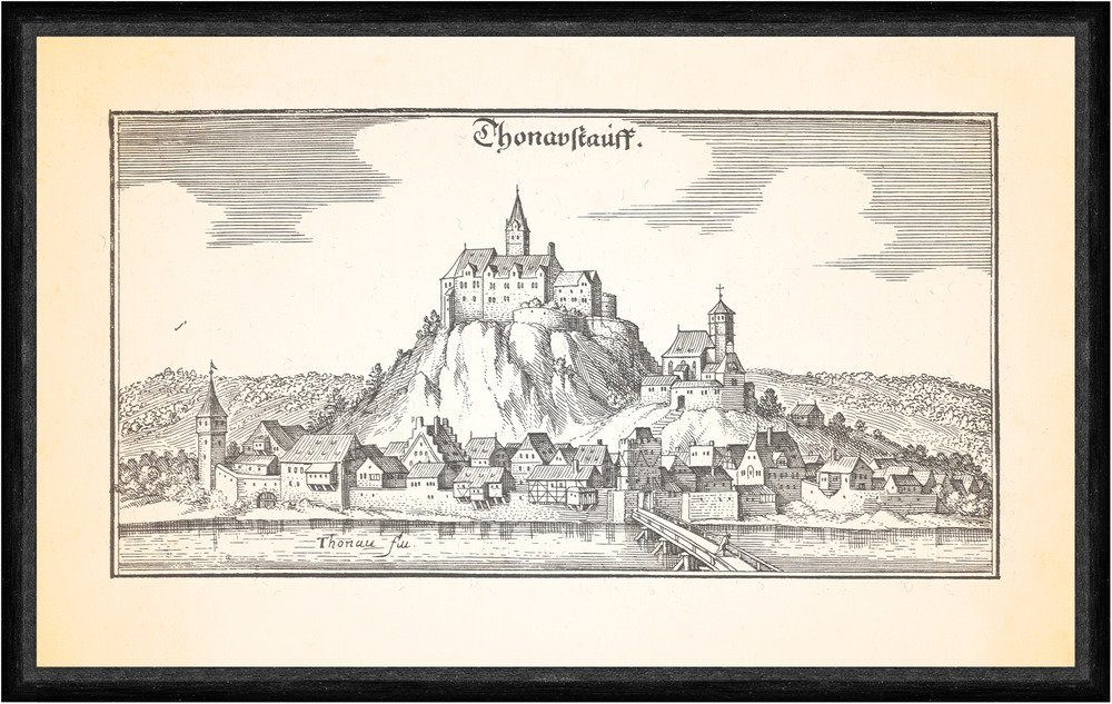 Kunstdruck Thonaustauff Donaustauf Burg Wallhalla Wallfahrtskirche Faks_Merian 0