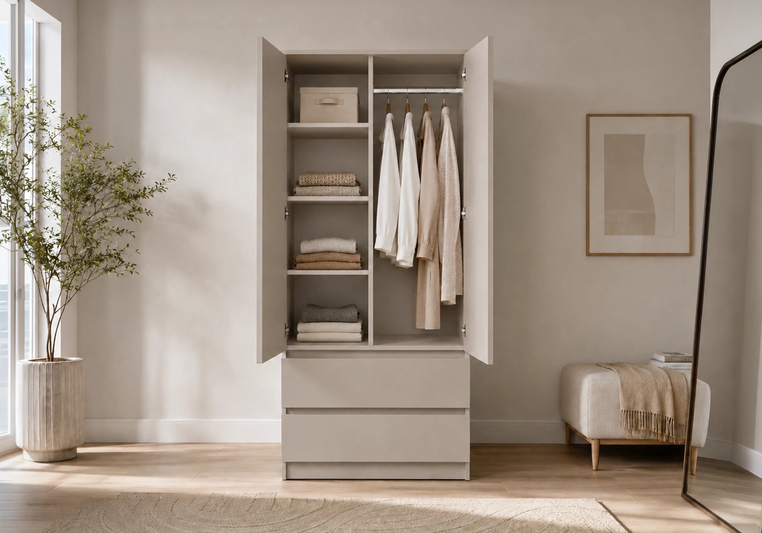 MOEBLO Drehtürenschrank LOSKO 2D2S (Kleiderschrank - 90 cm breit, mit 2 Türen, 2 Schubladen, 4 Einlegeböden und Kleiderstange, grifflos, Weiß oder Kaschmir) (Bx – Bild 2 von 5