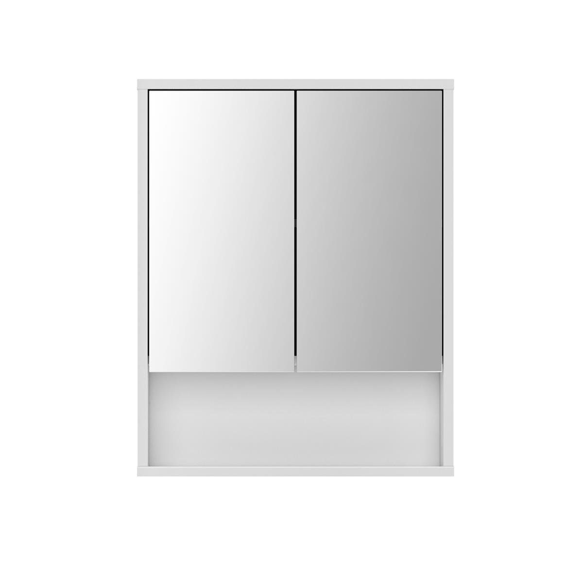 möbelando Spiegelschrank Sunset Moderner Spiegelschrank, Front aus Spiegelglas, Korpus aus melaminharzbeschichteter Spanplatte in Weiß, 2 Türen, 1 Einlegeboden und 1 offenes Fach, Breite: 57 cm Höhe: 71,6 cm Tiefe: 16 cm