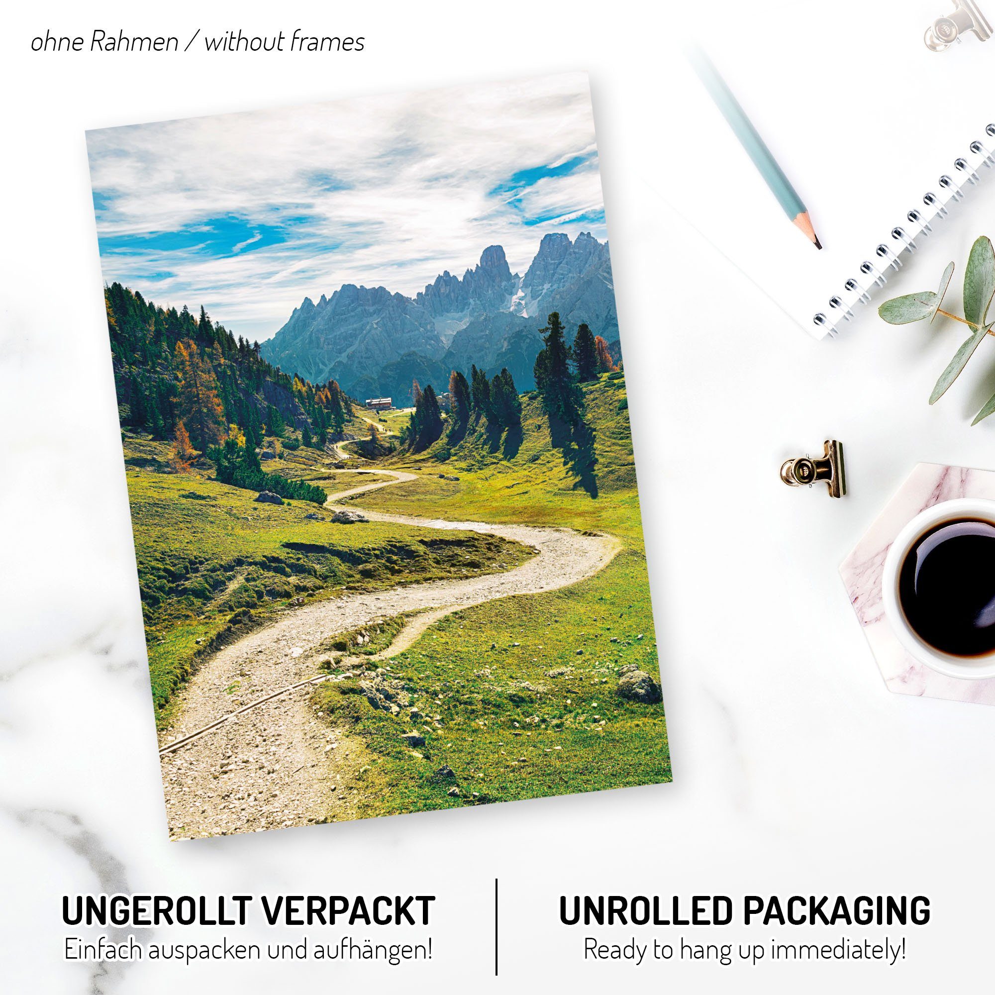 Kreative Feder Poster, Natur, Landschaft, Berge, Reisen, Wasserfall, See (Set, 6 St), 6-teiliges Poster-Set, Wandbild, Posterwand, optional mit Rahmen