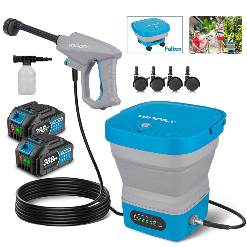 Yofidra Akku-Hochdruckreiniger 90 Bar Mobiler Hochdruck Wasserpistole mit 2 Akkus, Druck max: 90 bar, 700 W, 6-in-1-Multifunktionsdüse, Faltbarer Eimer für Autos,Terrasse,Fenster