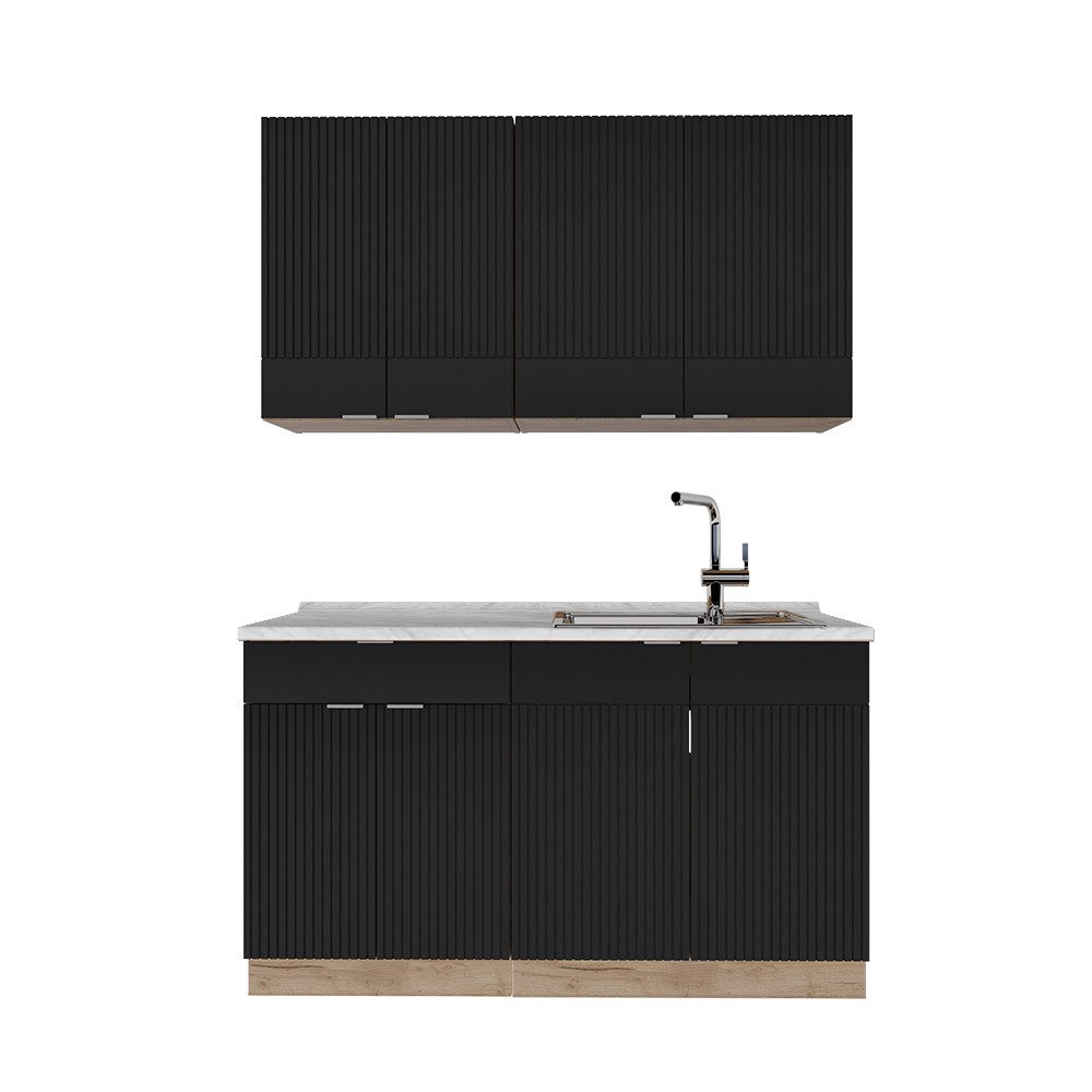 Vicco Küchenzeile Fame-Line, Schwarz gestreift/Goldkraft Eiche/Goldkraft Eiche, 140 c...