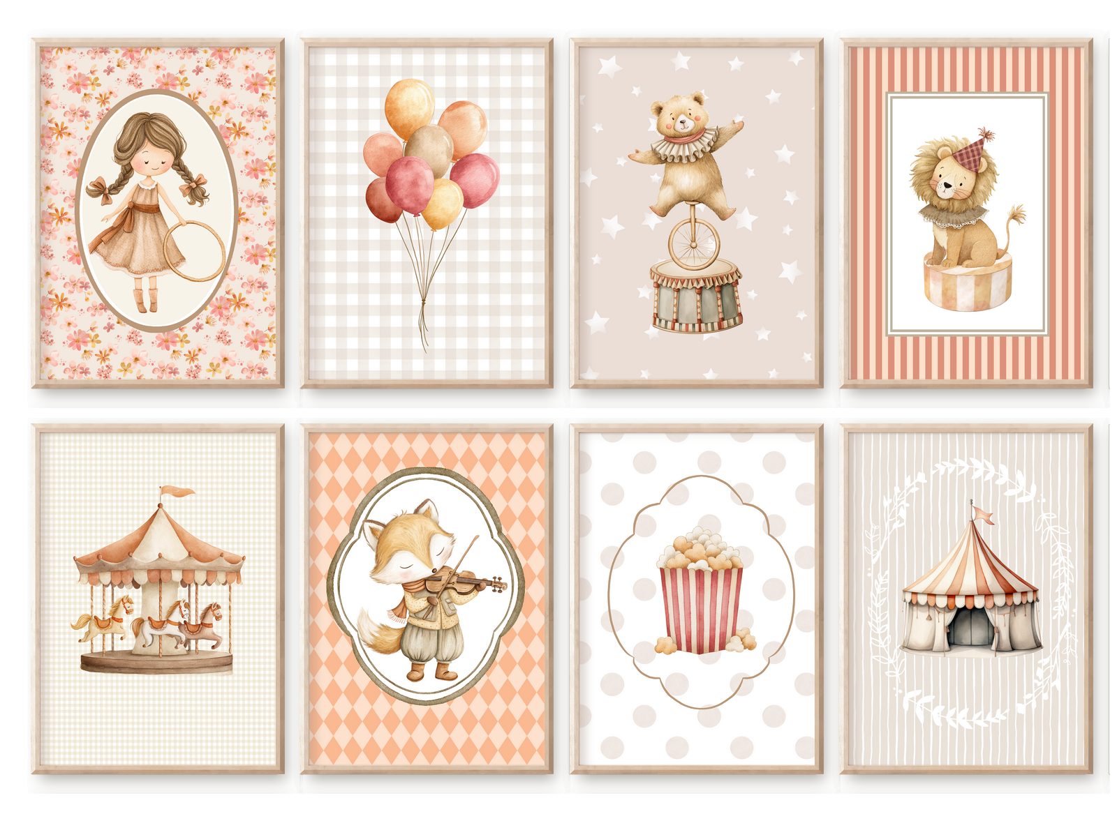 homestyle-accessoires Poster Kinderzimmer Bilderwand 8erSet Bilderset Babyzimmer ZIRKUSWELT, Hochformat, Künstlerpapier, ohne Rahmen