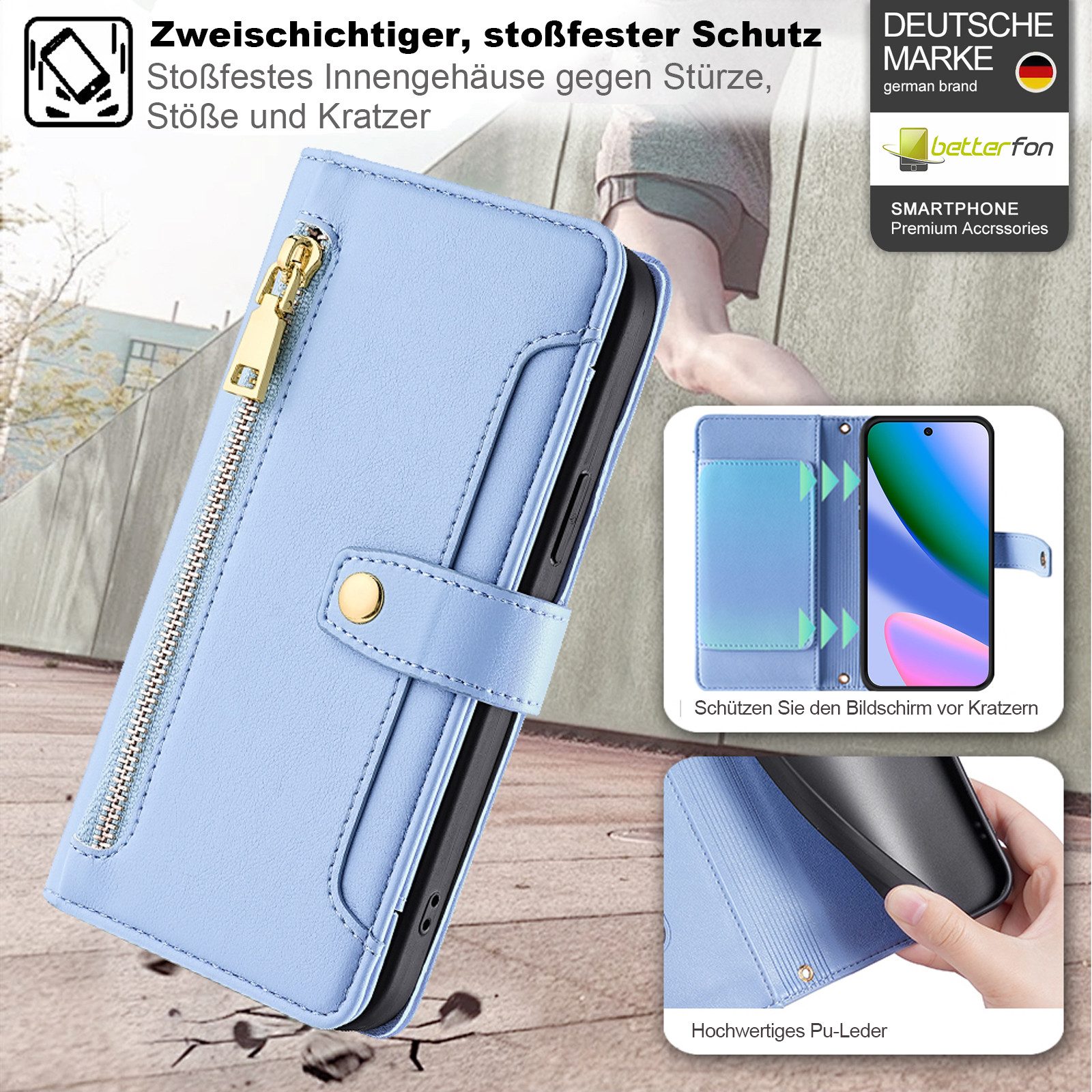 betterfon Handykette für Google Pixel 10 / 10 Pro mit Band Kartenfächer PU Leder Hellblau, Hände frei - mit Silikonhülle & Schnur für flexiblen Alltag – Bild 2 von 5