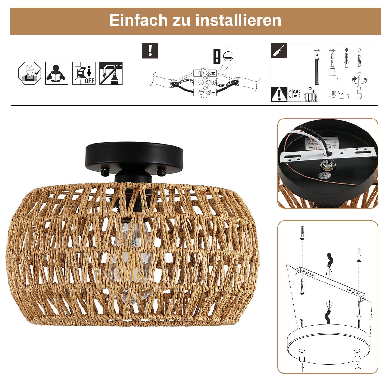 Rosnek Pendelleuchte Rattan Deckenleuchte Flush Mount mit LED, Lighting & Eye-Caring, Halogen, Für Schlafzimmer, Küche, Flur – Boho Natur Stil