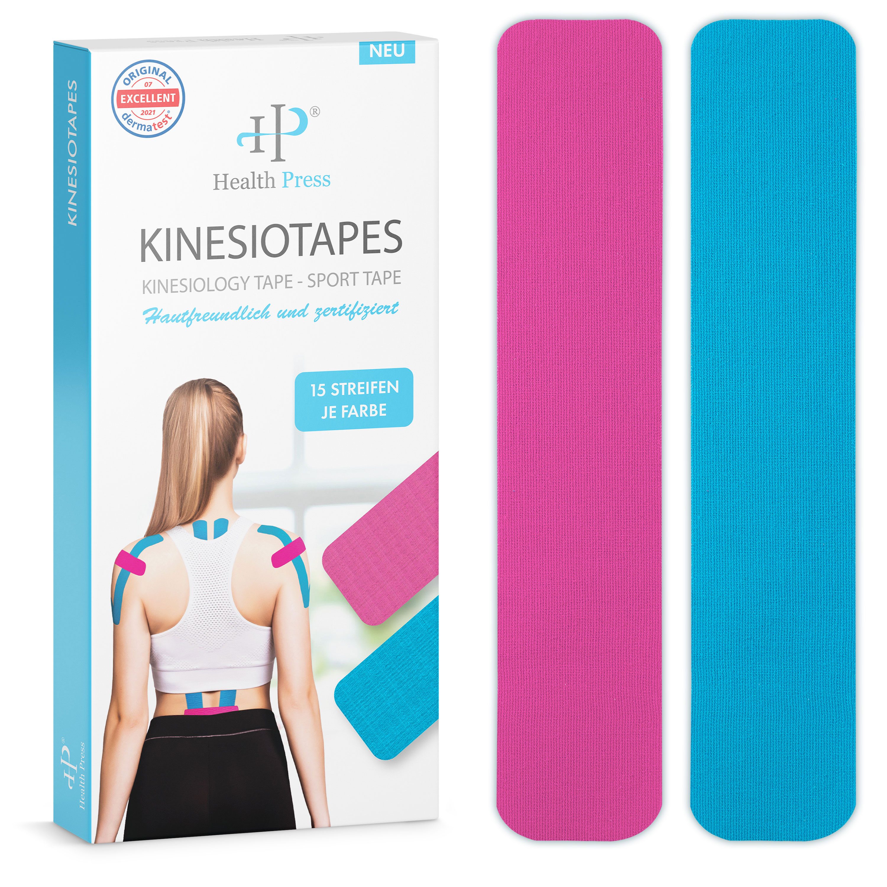 Health Press Kinesiologie-Tape Streifen Precut Blau + Rosa (30-St) (25cm x 5cm)