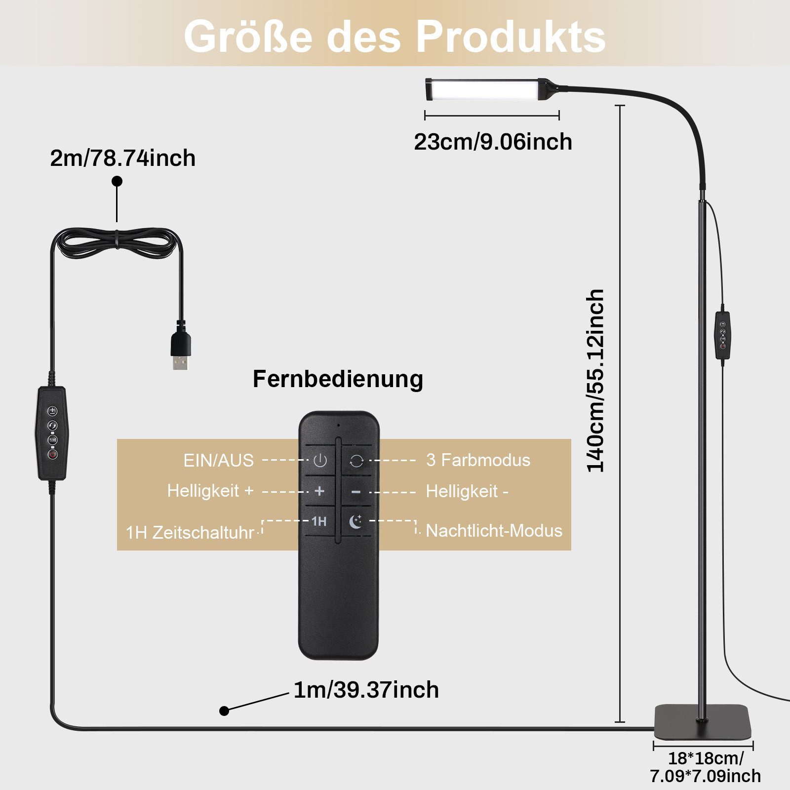 MUPOO Stehlampe LED Stehlampe Dimmbar,Stehleuchte Wohnzimmer, Helligkeit und Farbtemperatur Einstellbar + Höhenverstellbare, mit 3 Farbtemperaturen
