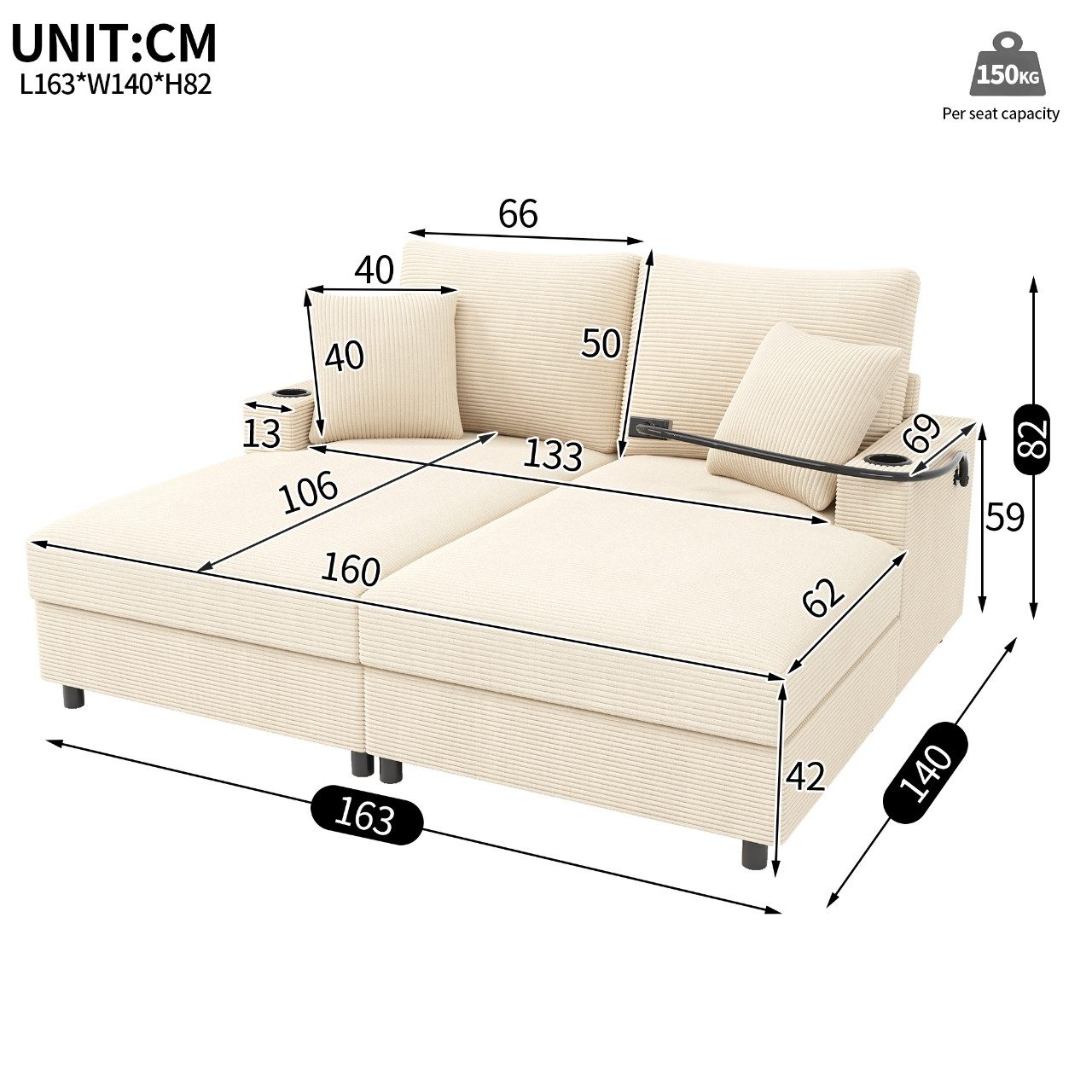 KLAM HOME Schlafsofa Multifunktionales Schlafsofa Mit USB Ladefunktion Und Getränkehalter, Modernes Wohnzimmer Sofa Grau Cord Für Kleine Wohnung, Breites Sitzsofa Mit Relaxfunktion Und Handyhalterung