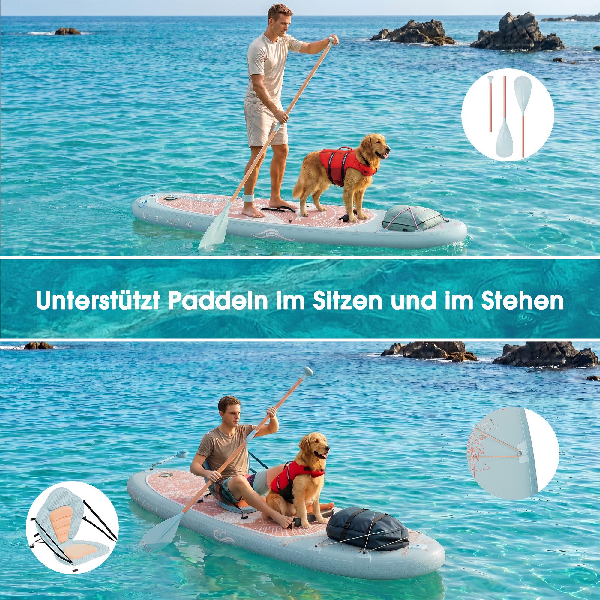 HOMALL Inflatable SUP-Board Aufblasbares Stand Up Paddle Board mit Halter, Sitz und Fußband, 320cm SUP-Board Set mit Action-Cam Halterung, Bis 130kg