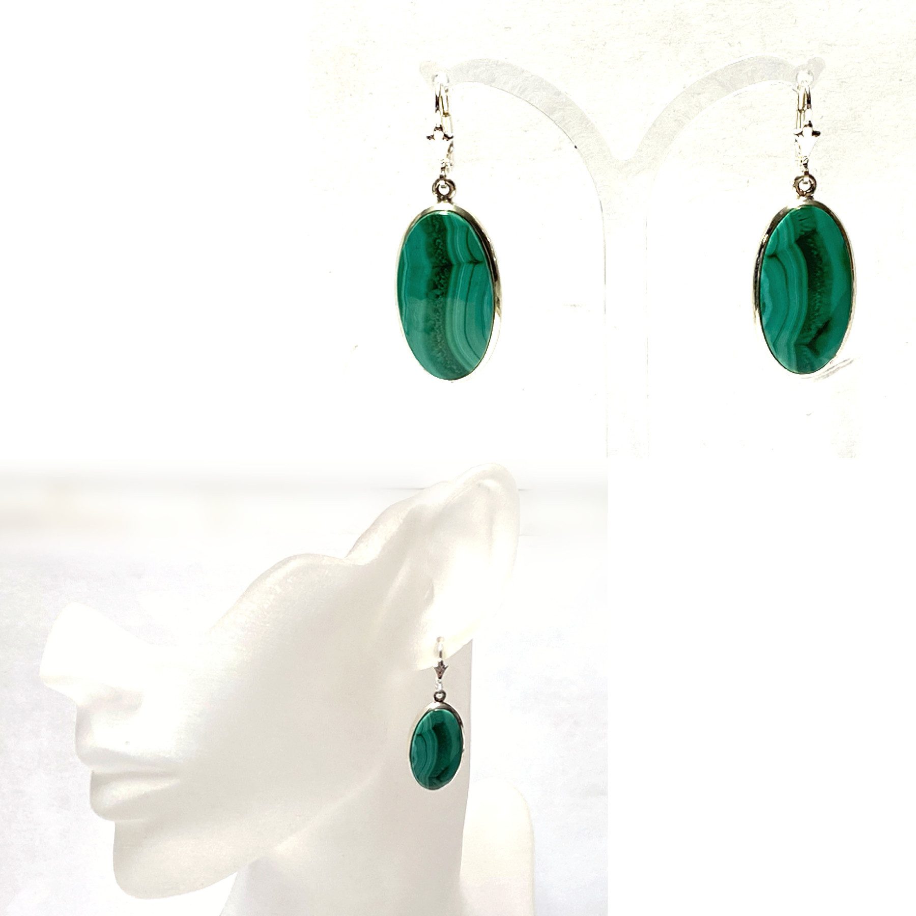 Edelschmiede925 Silberring Ohrring 925 Malachit Cabochon oval Ohrhänger Ohrschmuck