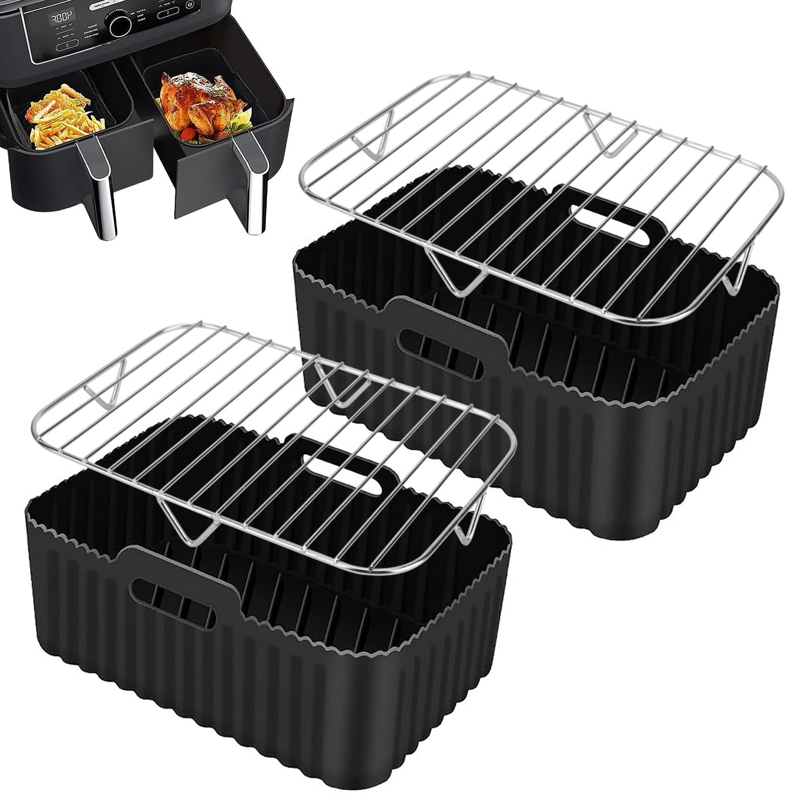 BlingBin Silikonform Heißluftfritteuse Zubehör für Ninja Dual Air Fryer AF400, (1er Set 4-tlg), Dual Zone Heißluftfritteusen Zubehör (2 Silikonpads + 2 Grillroste)